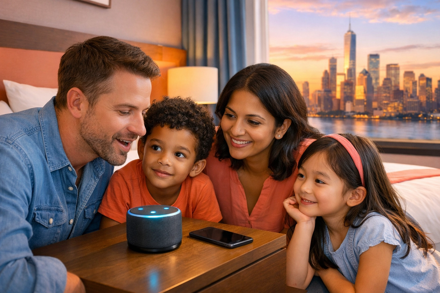 Family using 24/7 voice AI hotel concierge in room for multilingual assistance