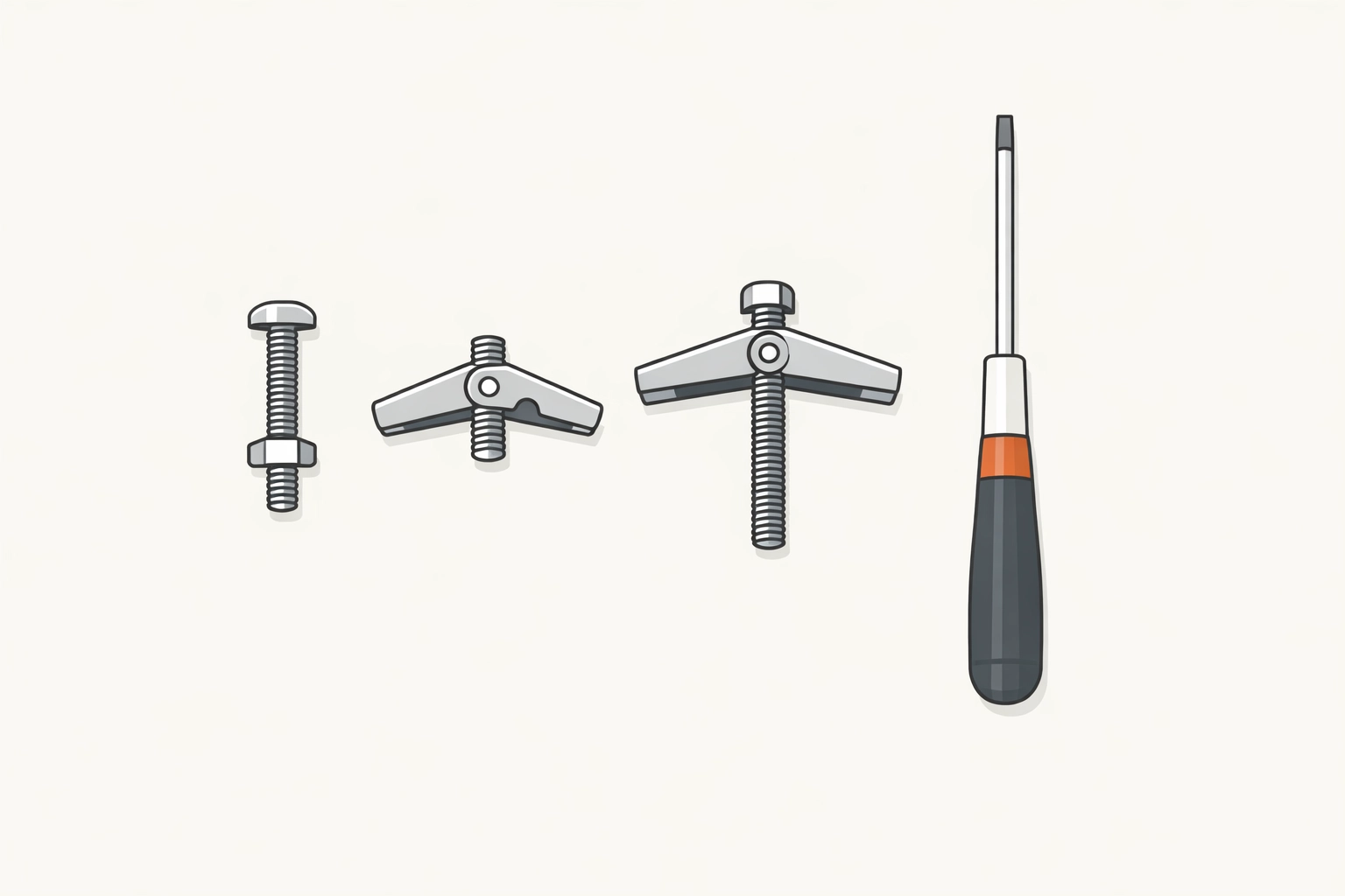 Professional toggle bolt and screwdriver tools for drywall repairs and metal stud mounting in condos.
