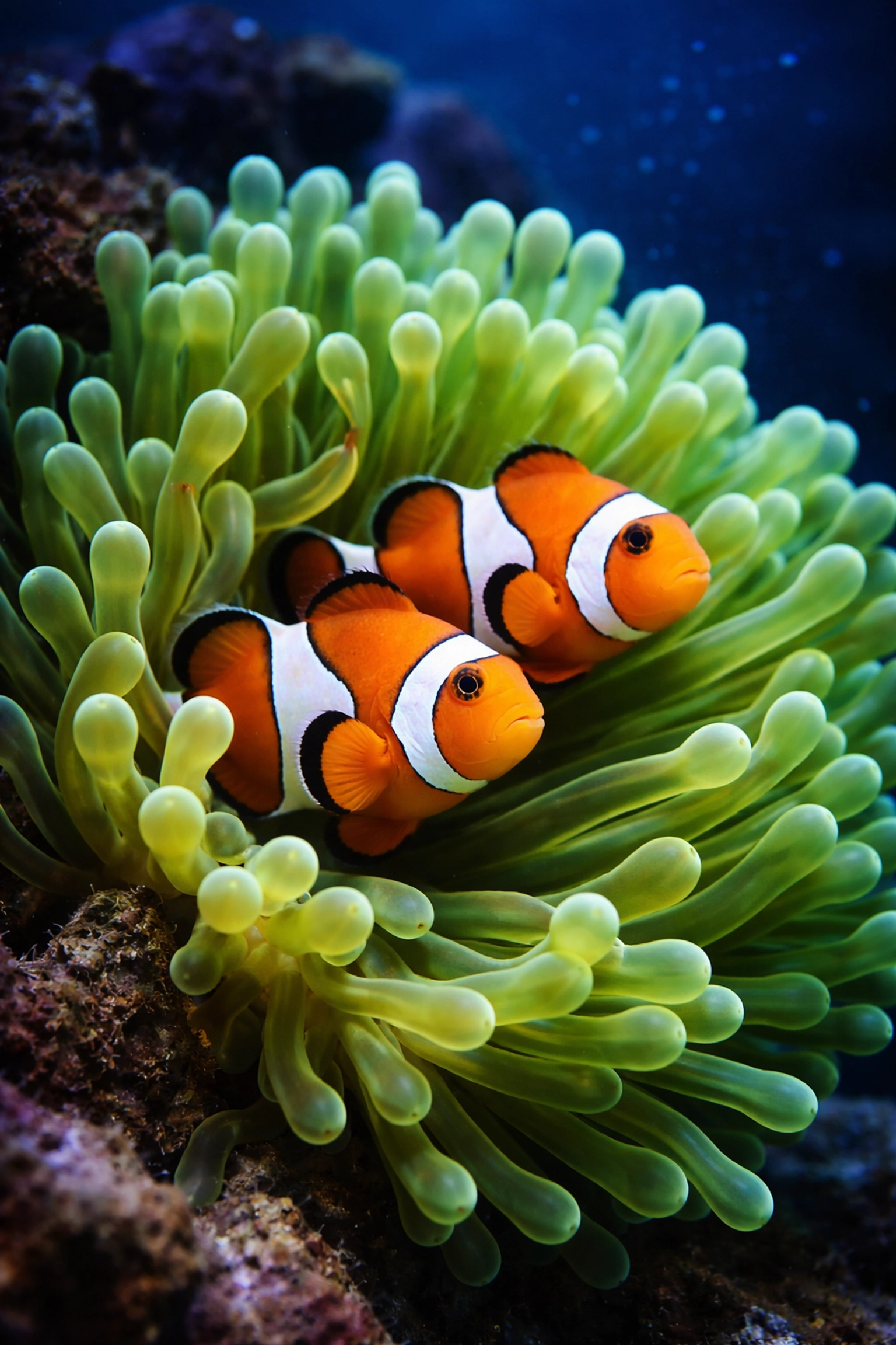 Clownfish nestled in a bubble-tip anemone inside a saltwater aquarium, highlighting marine life after installation.