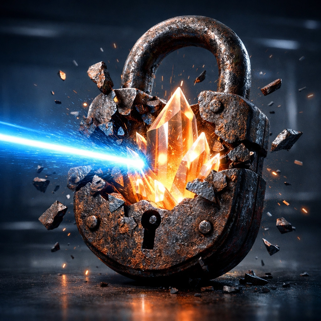 A digital laser shatters a rusted padlock, symbolizing Larecoin lowering merchant transaction fees.