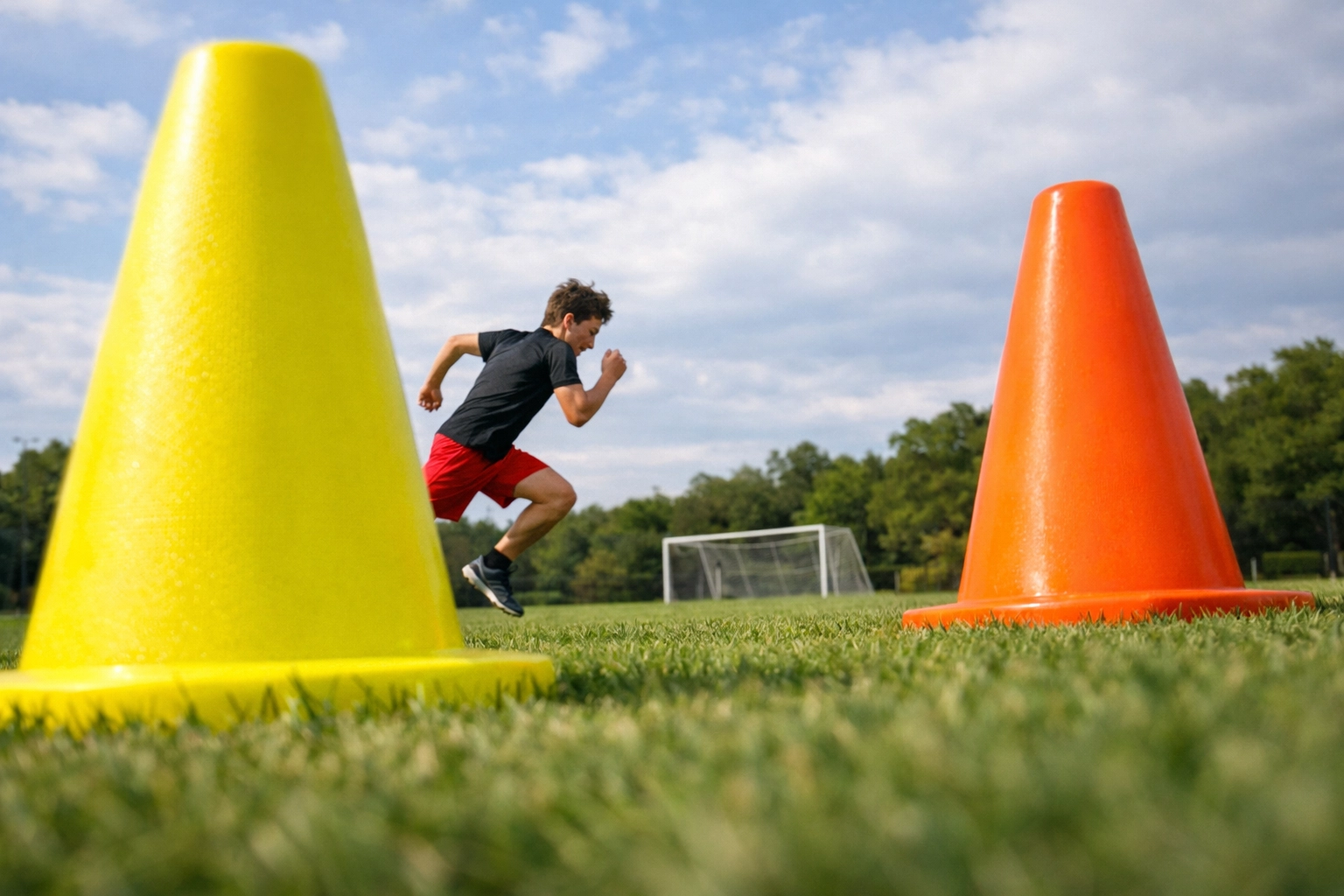 Athlete sprinting between training cones during speed test on grass field