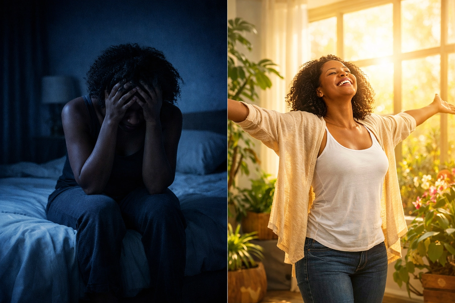 Woman finding freedom from toxic relationship showing contrast between distress and healing