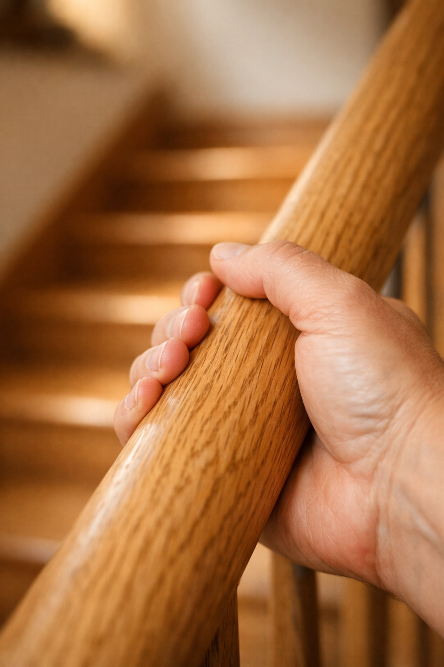 Close-up of a hand firmly grasping a sturdy wooden handrail for stability and balance while using stairs.