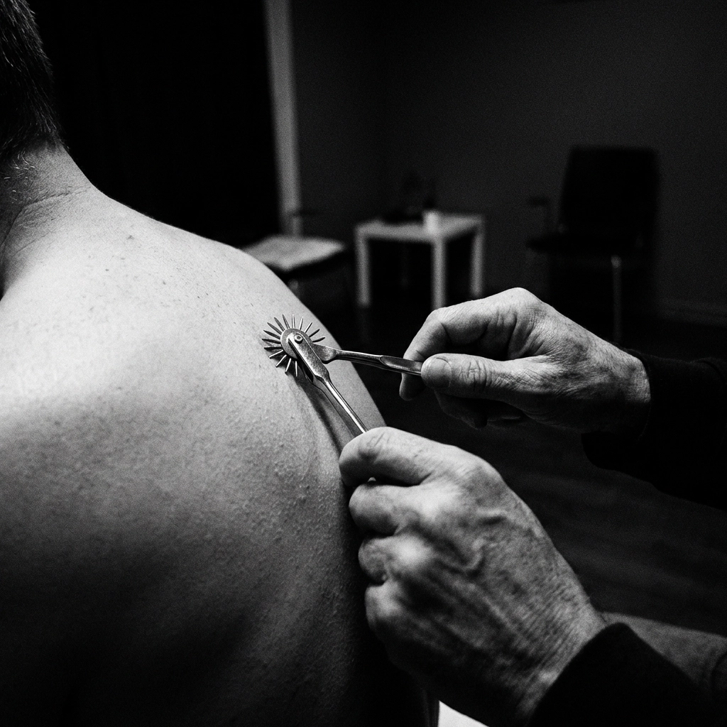 Close-up of chilled Wartenberg pinwheel pressed against bare skin for sensory kink play, evoking temperature play and BDSM tools