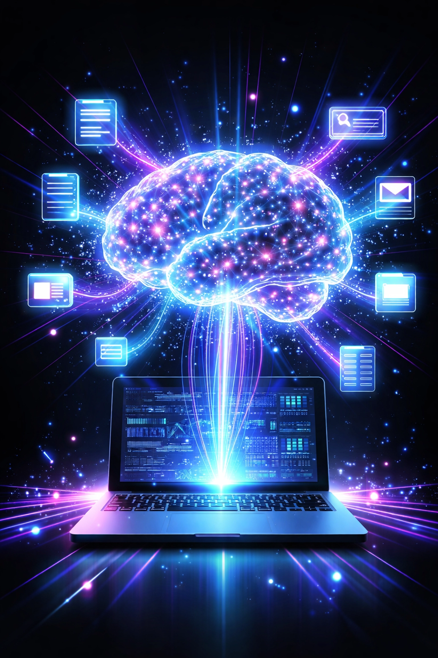 Glowing digital brain above a laptop visualizes how AI agents instantly learn business data for smarter automation.