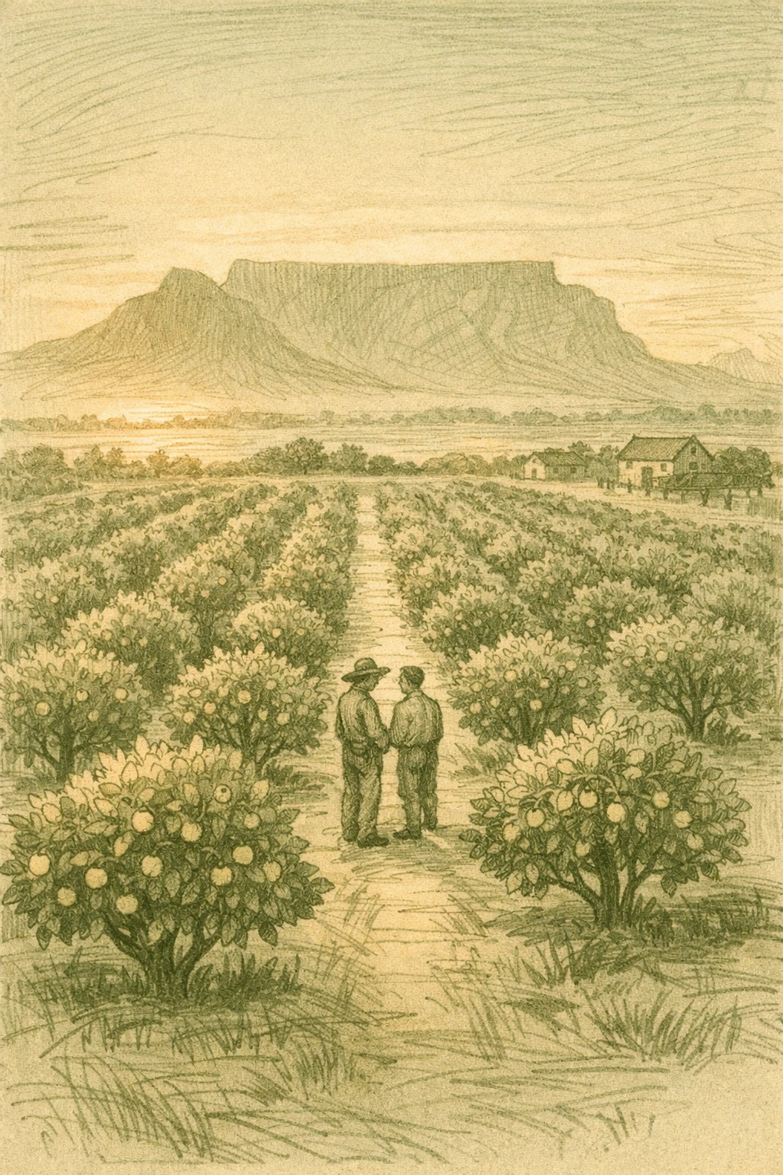 Cape Colony citrus orchard at sunset with Table Mountain, two men in private conversation
