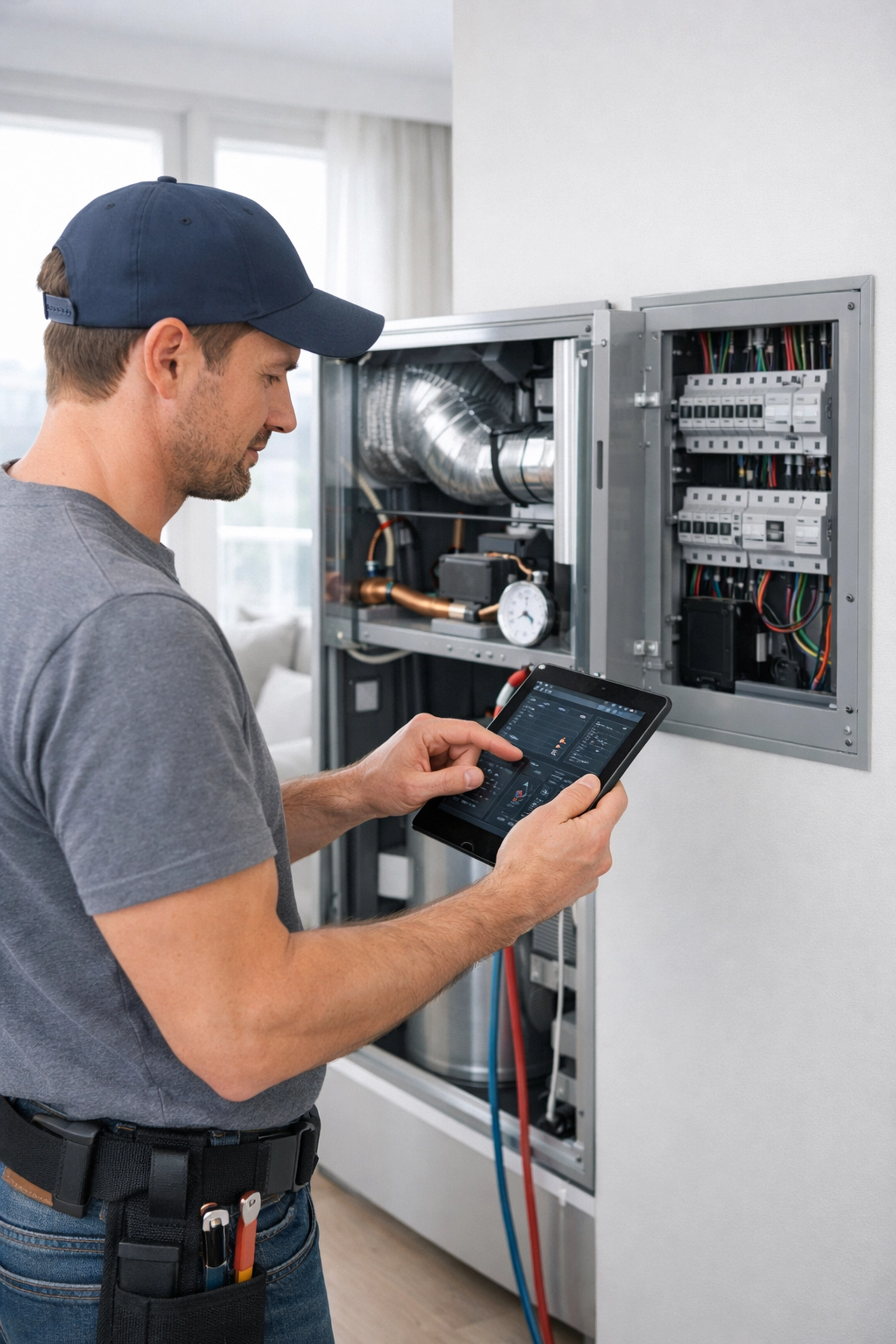 Technician inspecting HVAC and electrical systems during apartment make ready turnover