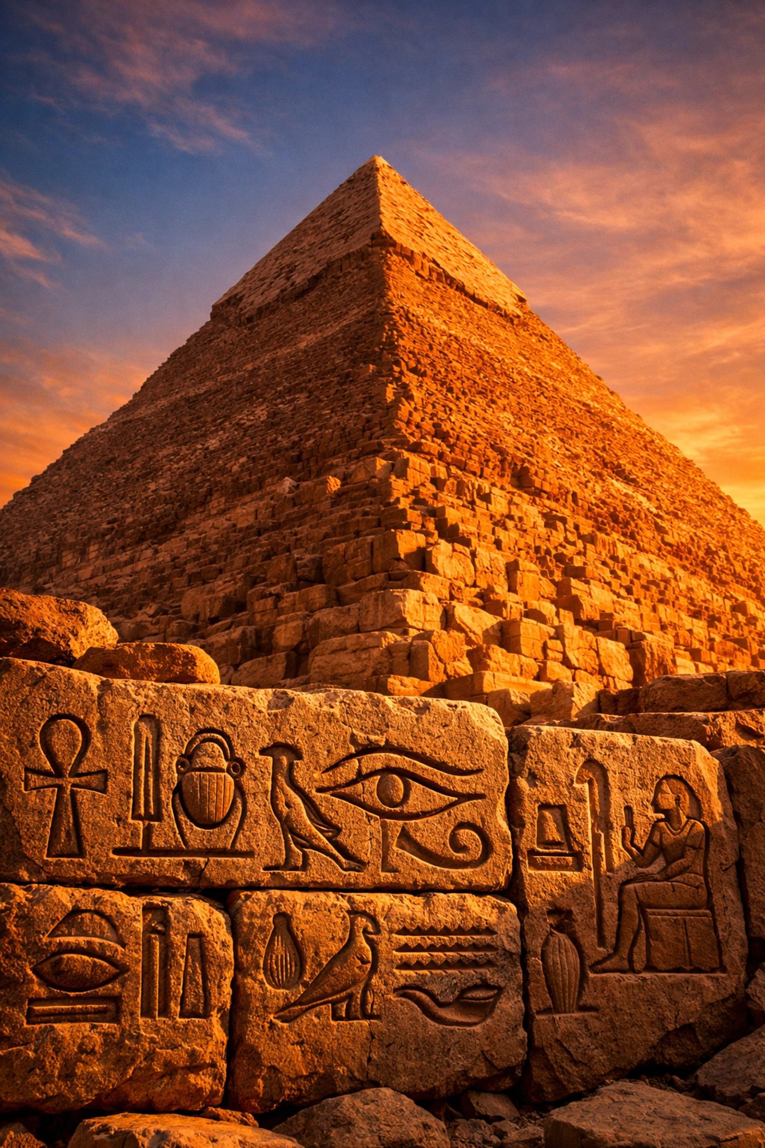 Great Pyramid of Giza with hieroglyphics showcasing Ancient Kemet Black African excellence