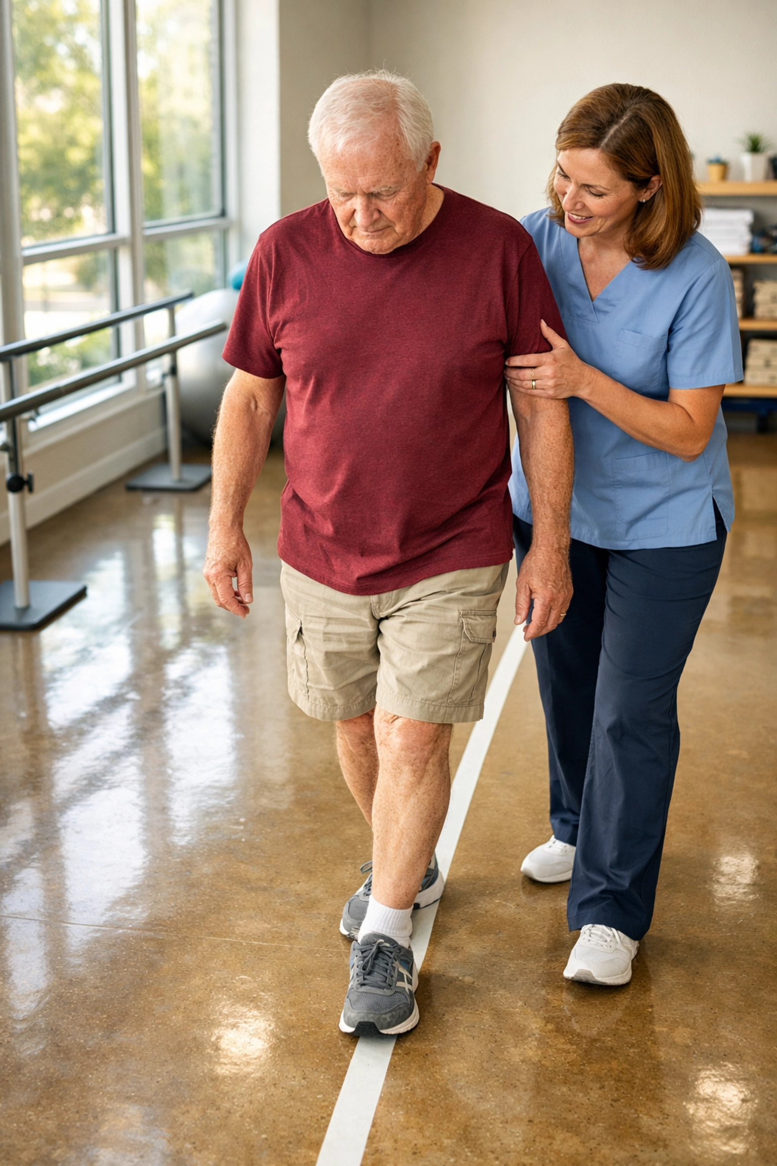 Senior man practicing heel-to-toe gait training with physical therapist for balance improvement
