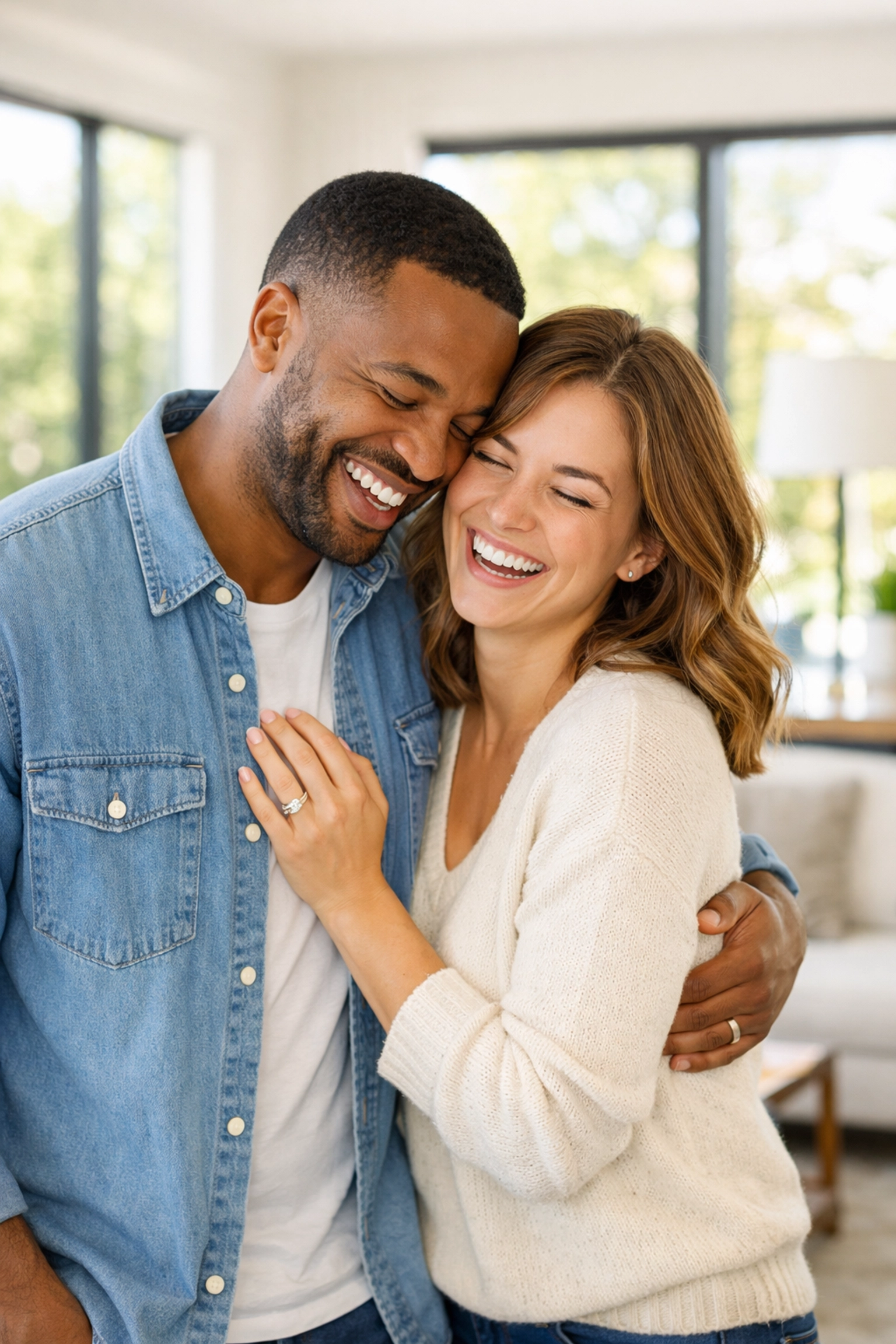 A happy couple standing in their modern living room celebrating home affordability and buying a home.