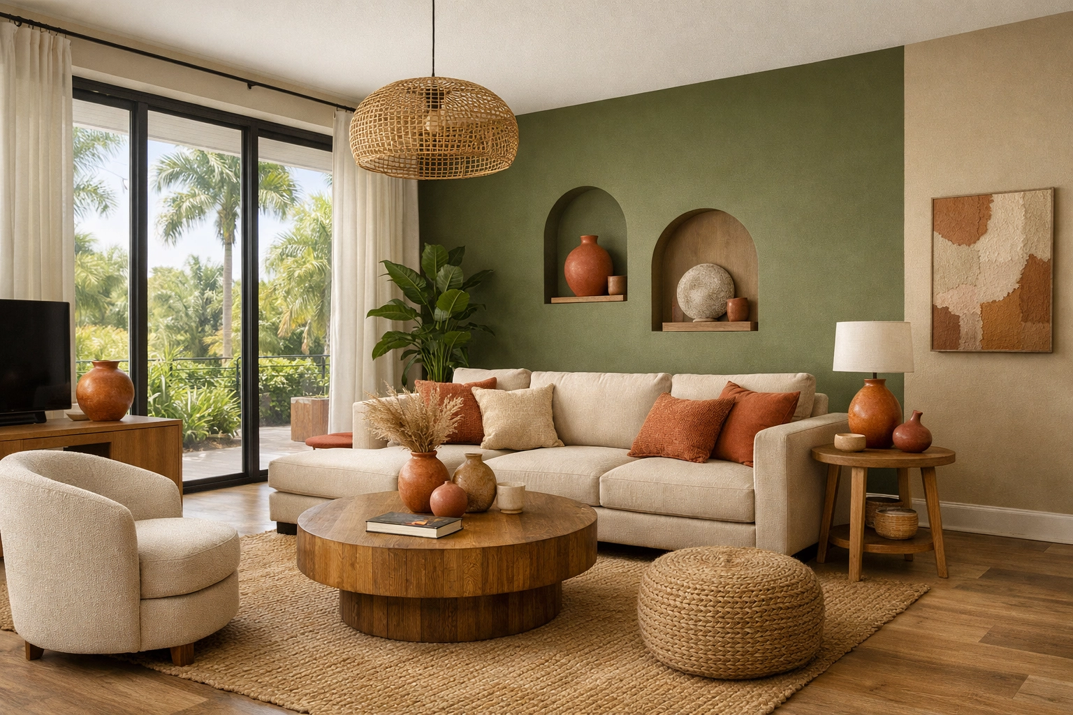 Orlando home remodeling living room with earthy olive green and terracotta color palette
