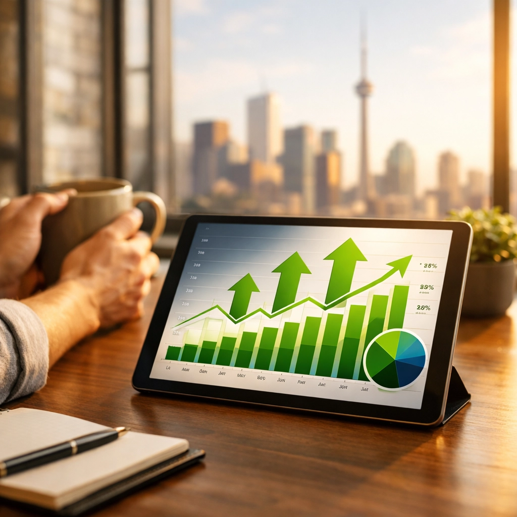 Content optimization data on a tablet in a Toronto office, showcasing successful SEO strategy results.