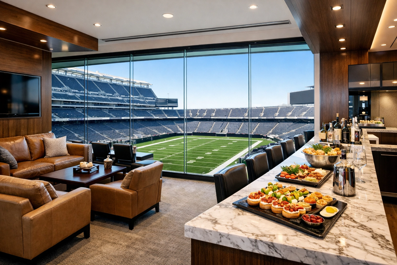 Luxury Super Bowl corporate suite with stadium views for executive hosting and client networking.