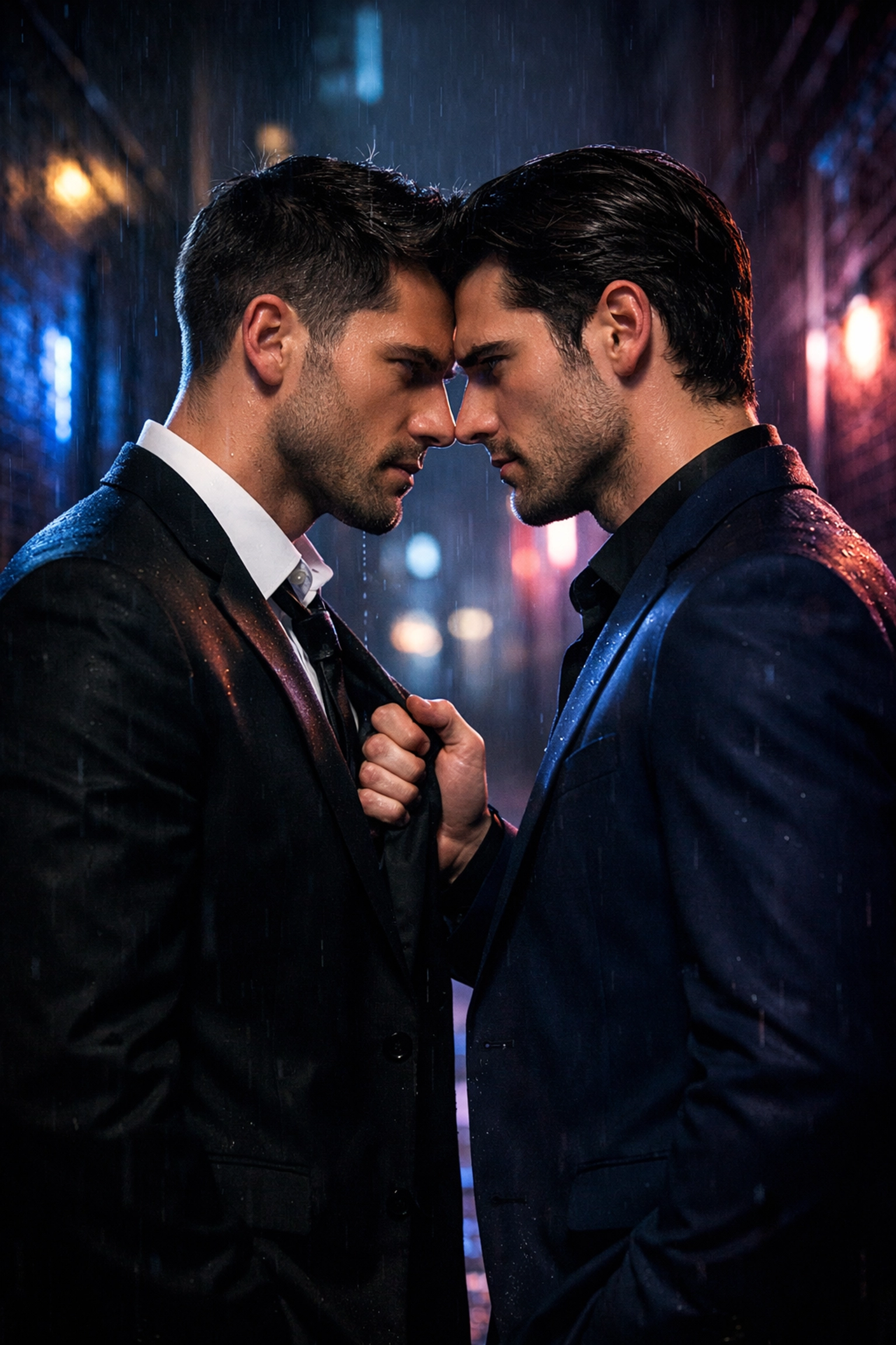 Two men in suits face off in a neon alley, illustrating the enemies to lovers MM romance trope.