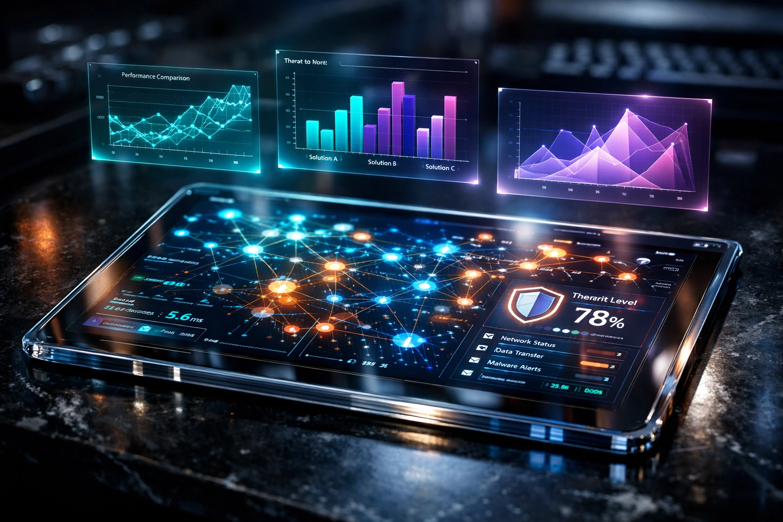 Digital dashboard showing interconnected network nodes and security metrics for professional IT consulting and monitoring.