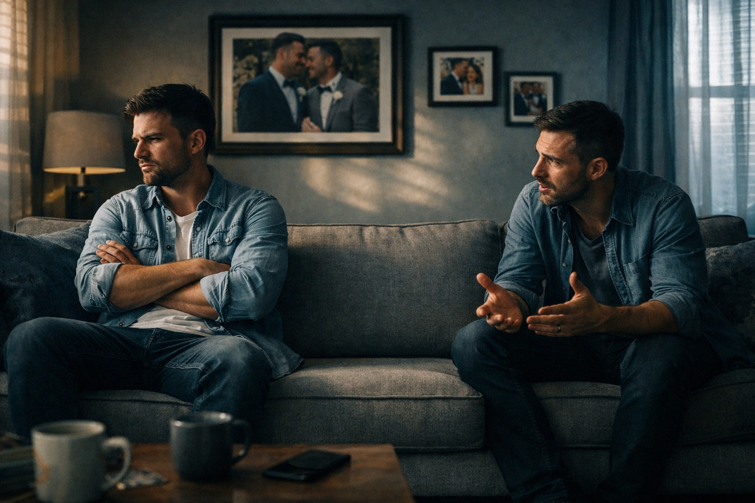 Two married men navigating their first big argument as a couple on the couch