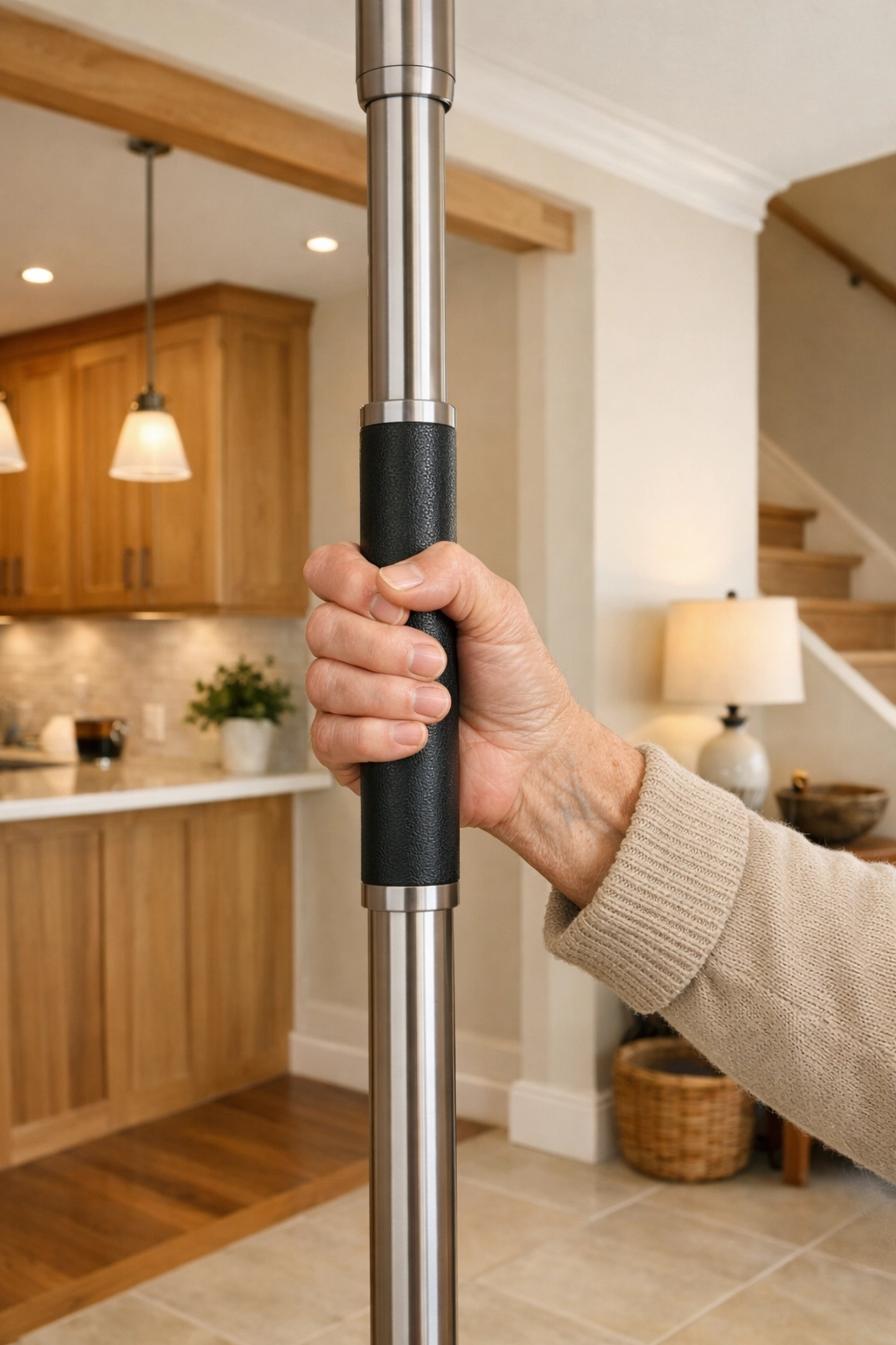 A senior hand gripping a modern safety grab bar for stability and fall prevention in a home.