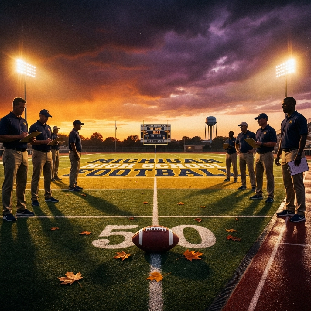 Michigan high school football stadium at dusk with coaches scouting prospects for 2026 recruiting class