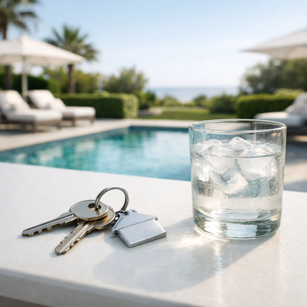 Silver keys on a table overlooking a luxury backyard pool representing a successful business exit.