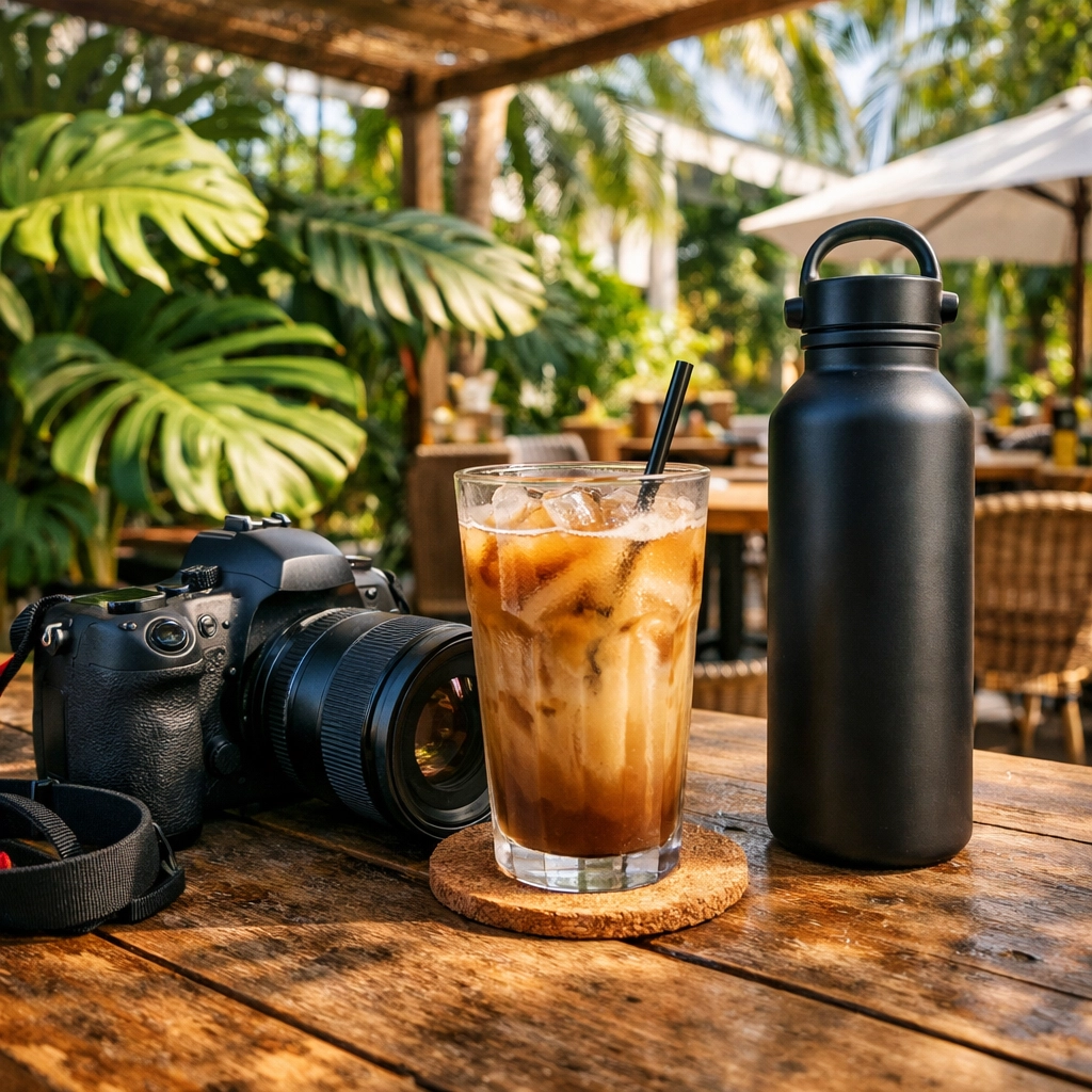 A Miami event photographer’s camera gear and coffee on a tropical cafe terrace after a corporate shoot.