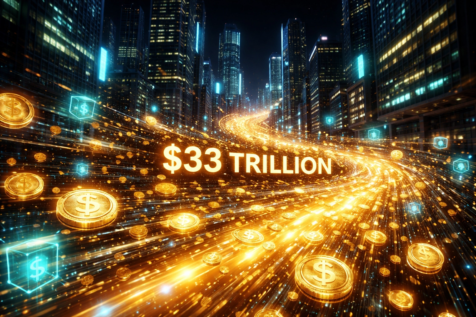 Digital river of coins and dollar symbols flowing through a futuristic city, highlighting $33 trillion stablecoin volume and crypto transaction growth in 2025