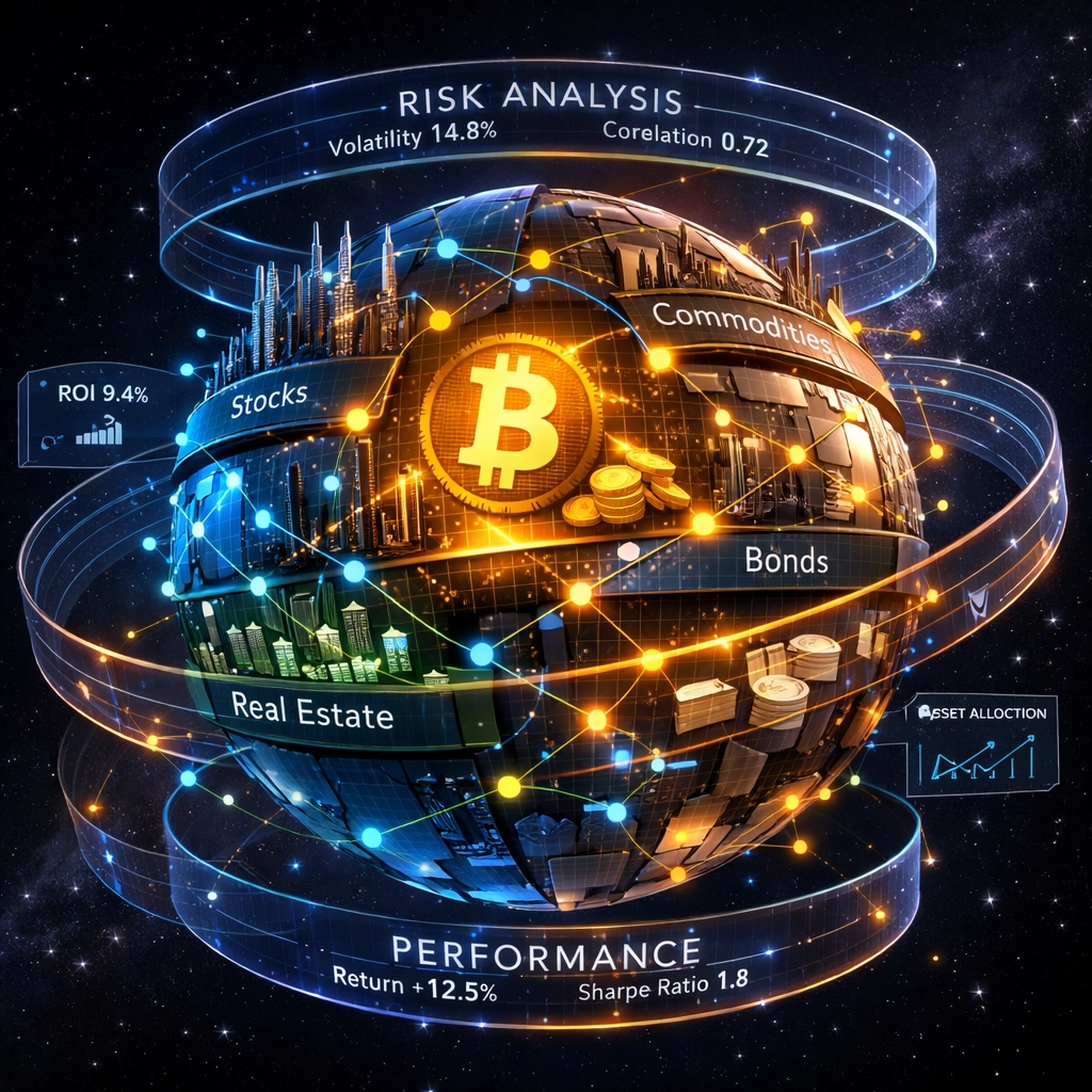 Interconnected portfolio ecosystem showing diversified asset classes including Bitcoin