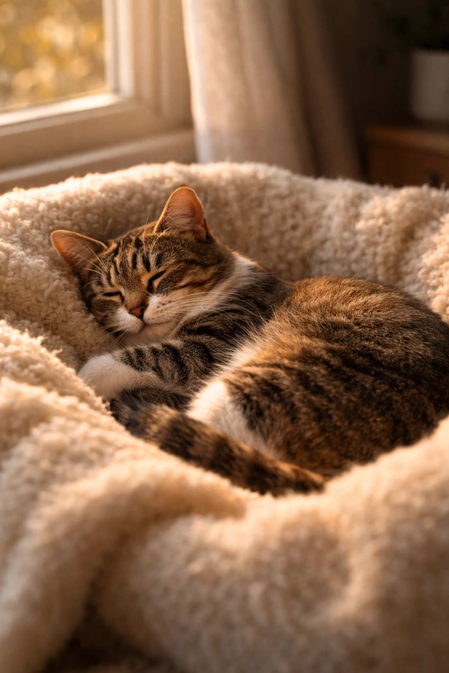 Relaxed cat resting peacefully at home, showing why in-home cat sitting reduces stress