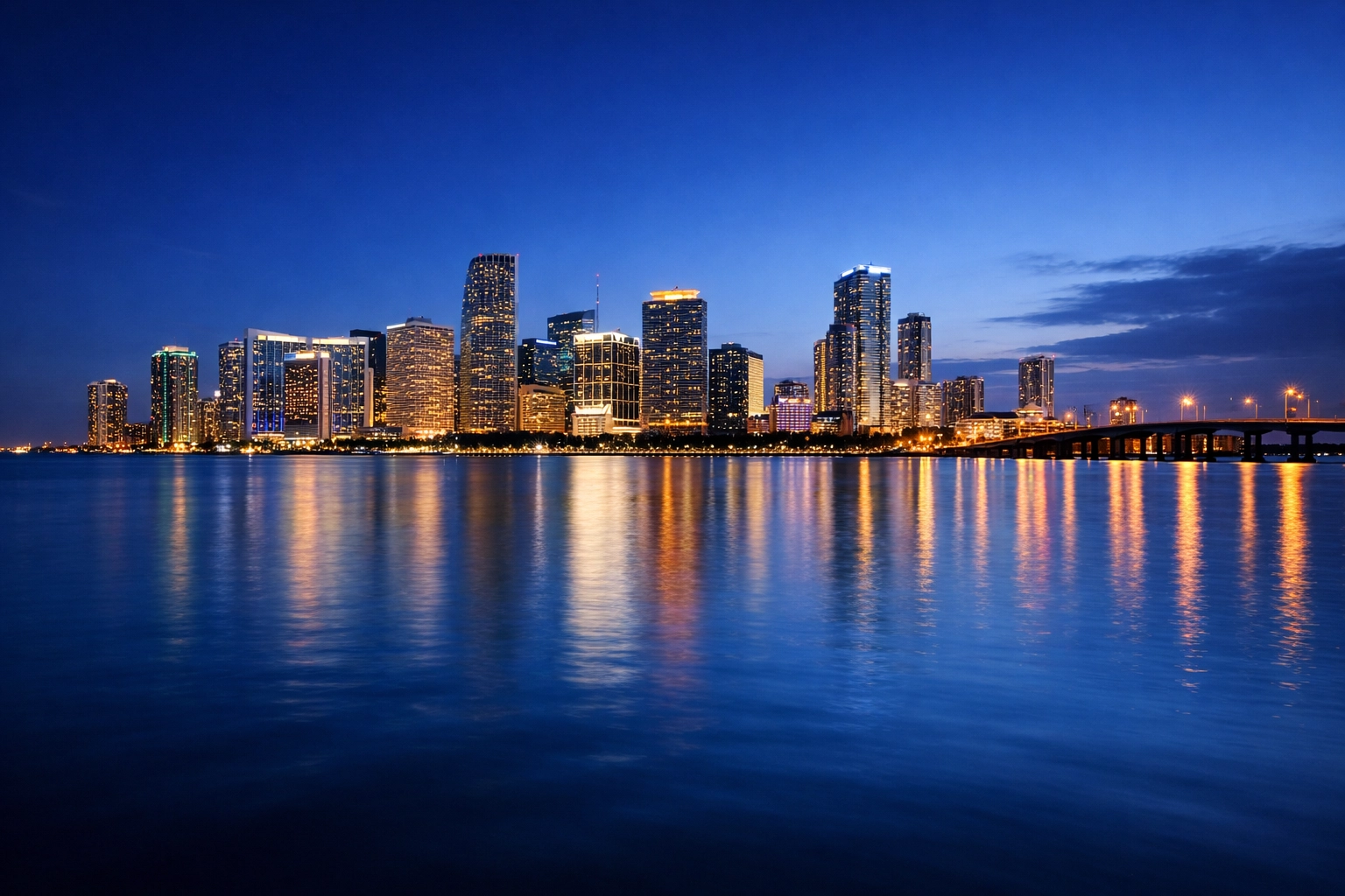 Fine art photography of the Miami skyline at blue hour, capturing the city's artistic and modern atmosphere.