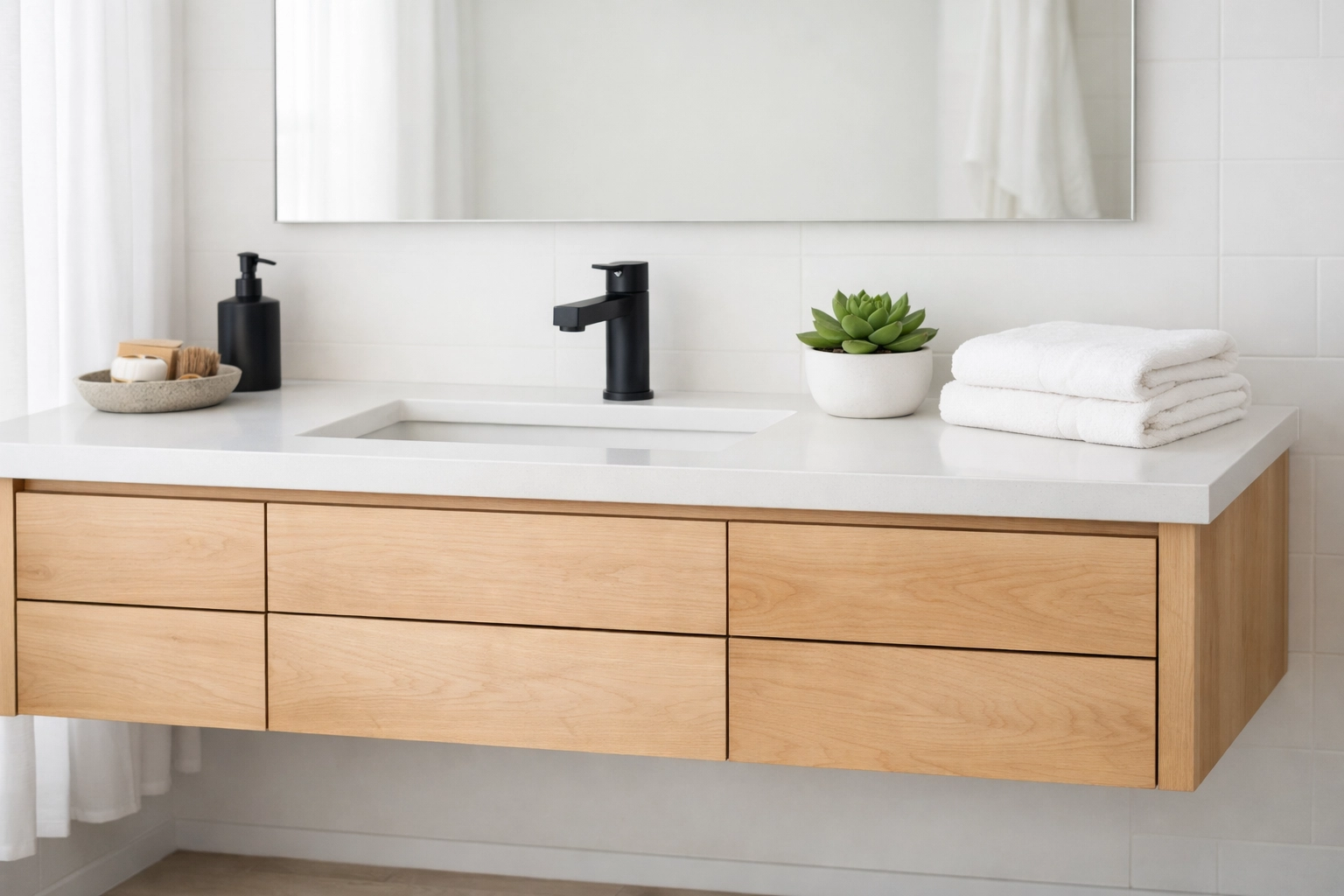 Custom maple wood bathroom vanity featuring a modern floating design for a Minnesota home.