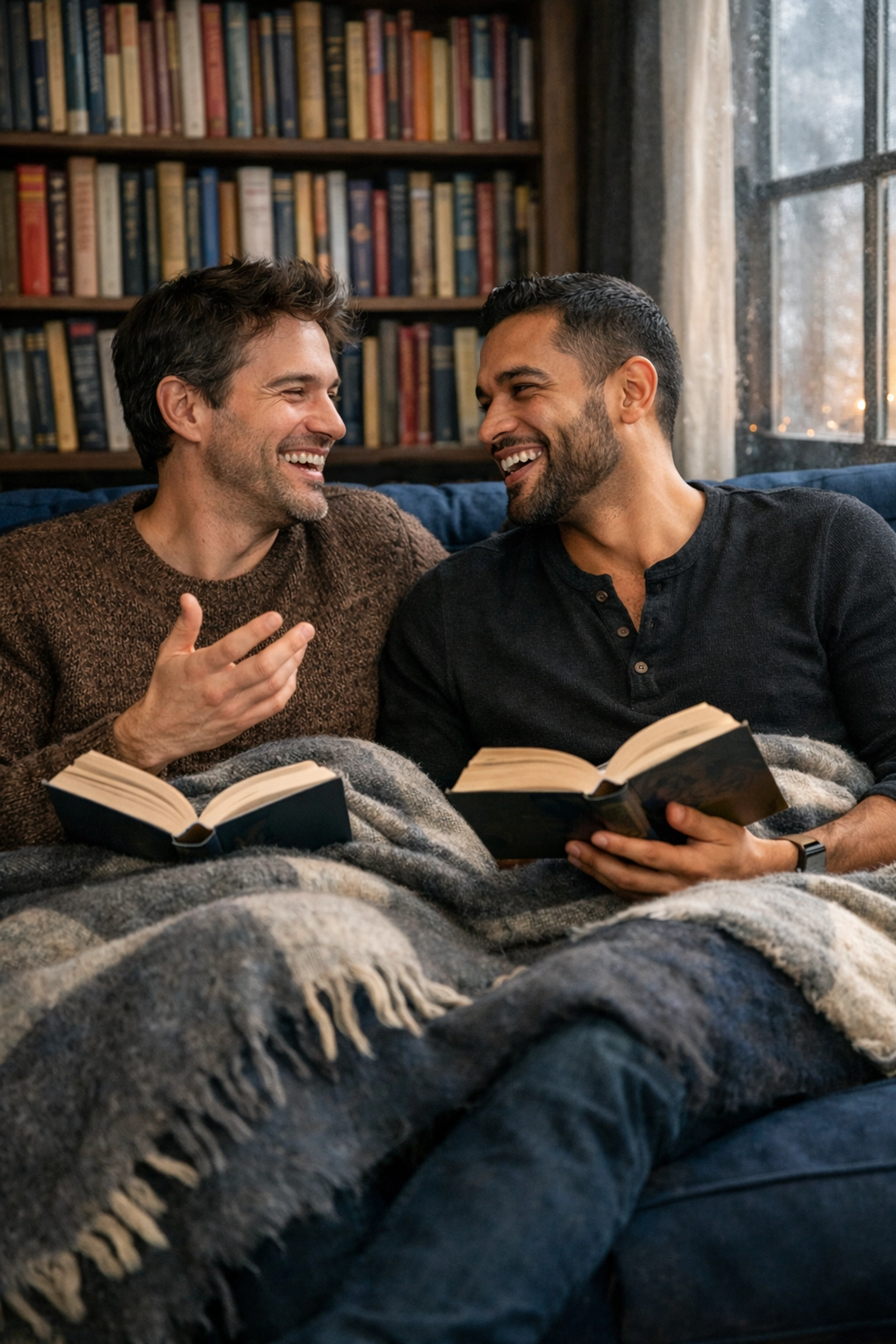 Two gay men enjoying a cozy home book club date with MM romance novels.