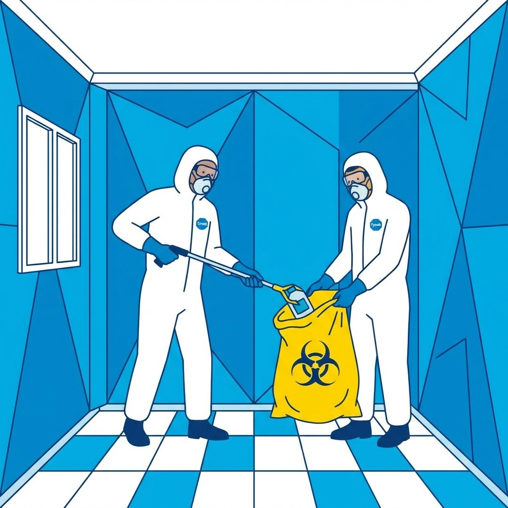 Workers in protective suits performing lead and asbestos remediation in a sealed off room for homeowner safety