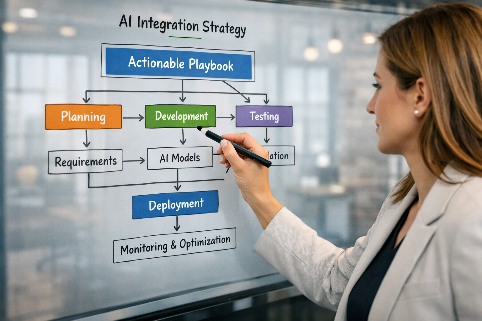 Project manager planning a custom software development workflow on a modern interactive glass board.