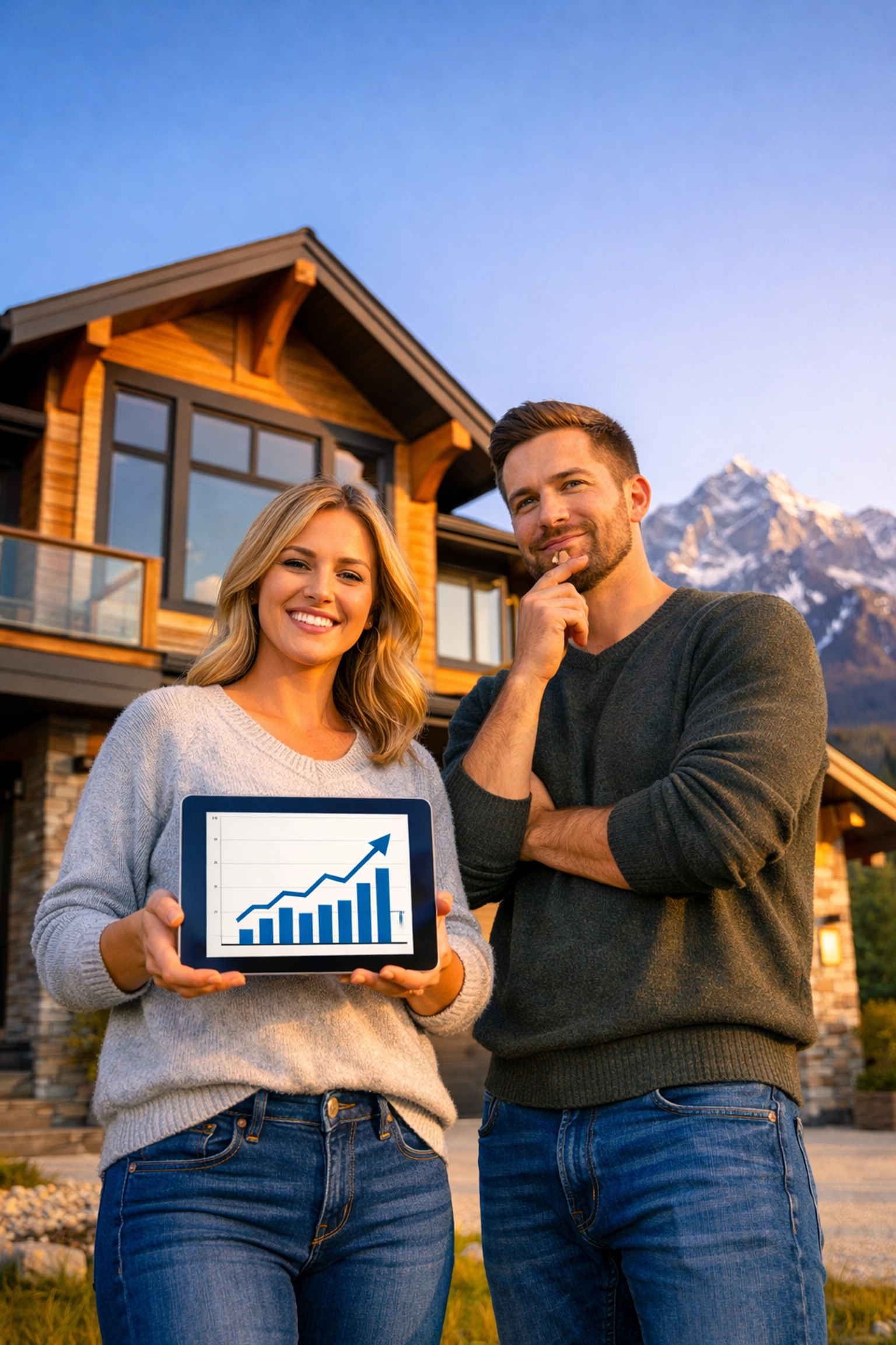 Alberta couple reviewing mortgage tax deduction strategy in front of their home with mountain views