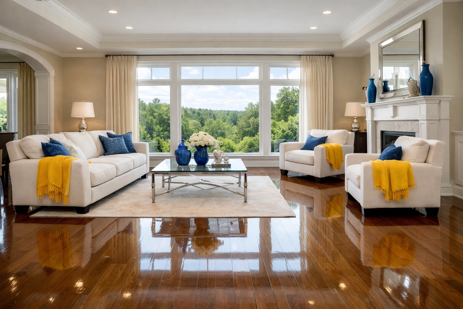 A spotless, sunlit luxury living room following a professional house cleaning Needham MA deep clean.