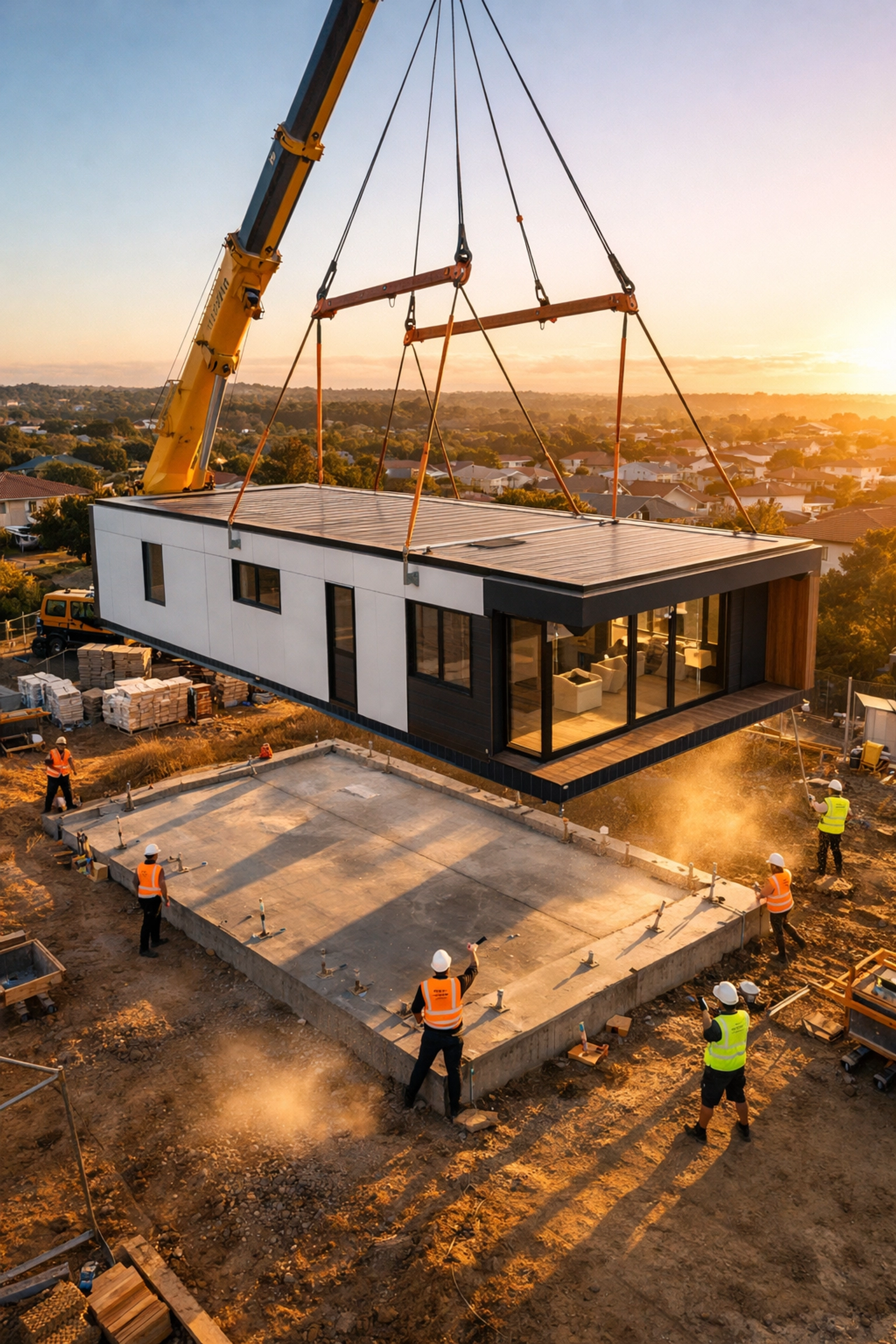 Modular home being installed onto foundation at Australian building site