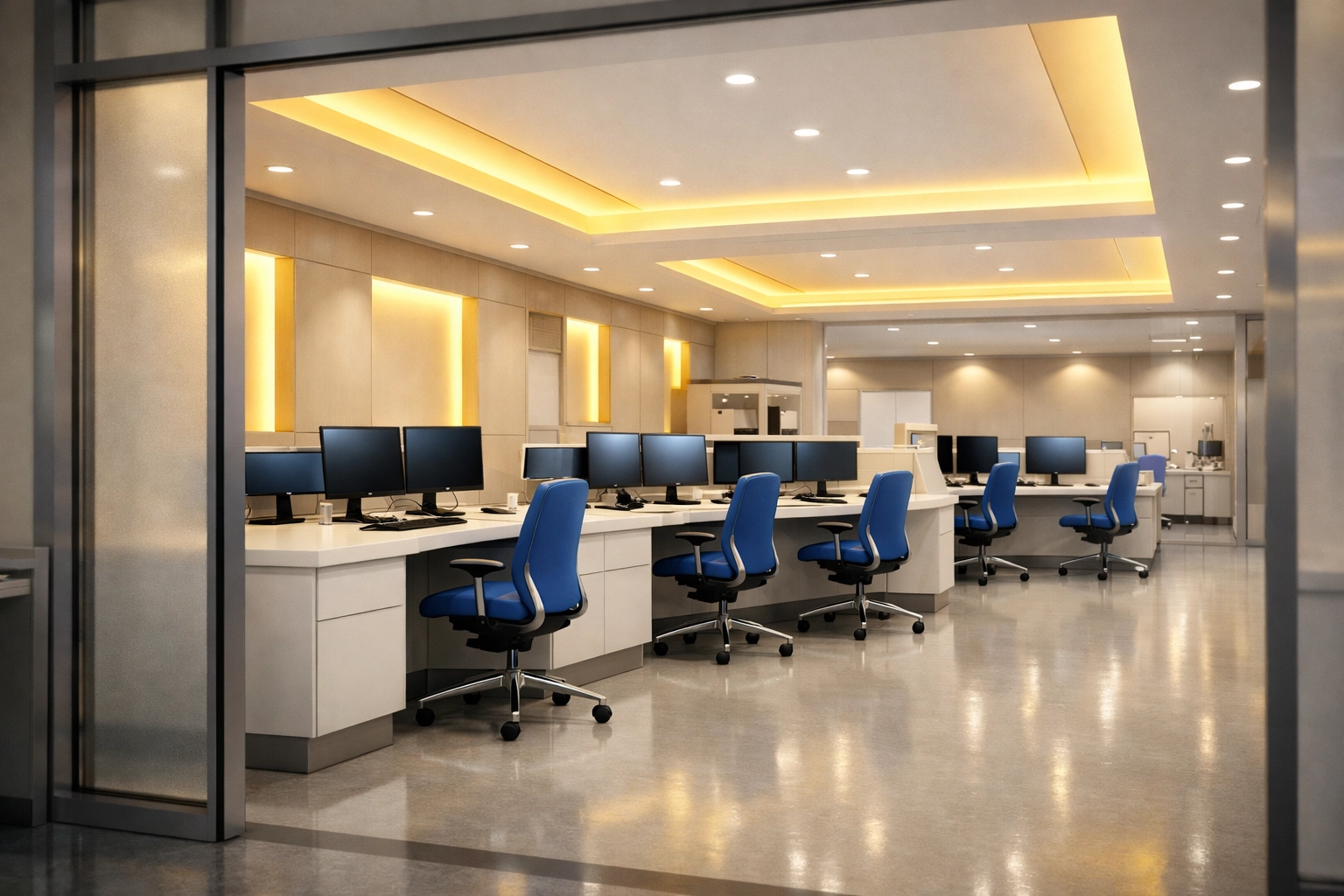 Sanitized and organized nurse station reflecting professional medical workspace cleaning standards.