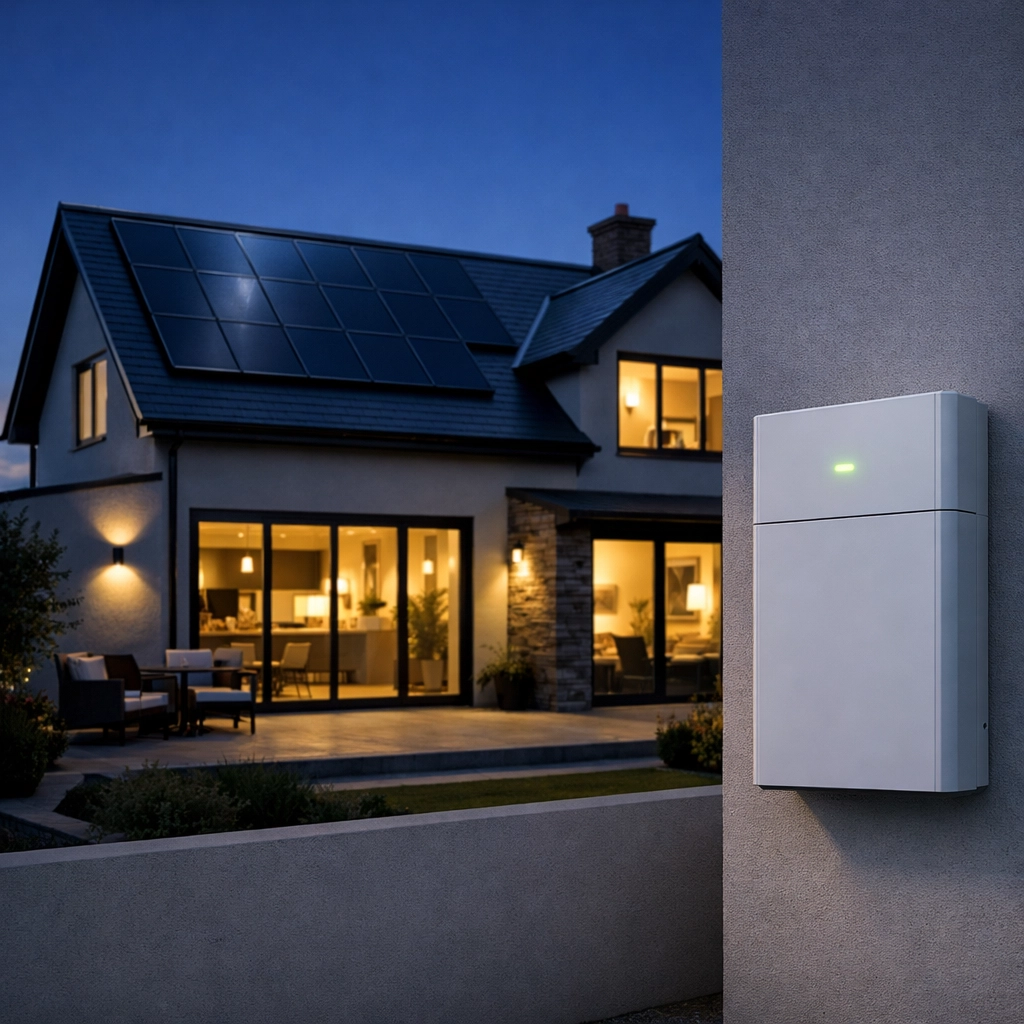 Modern UK home with integrated solar panels and a wall-mounted battery storage unit at dusk.