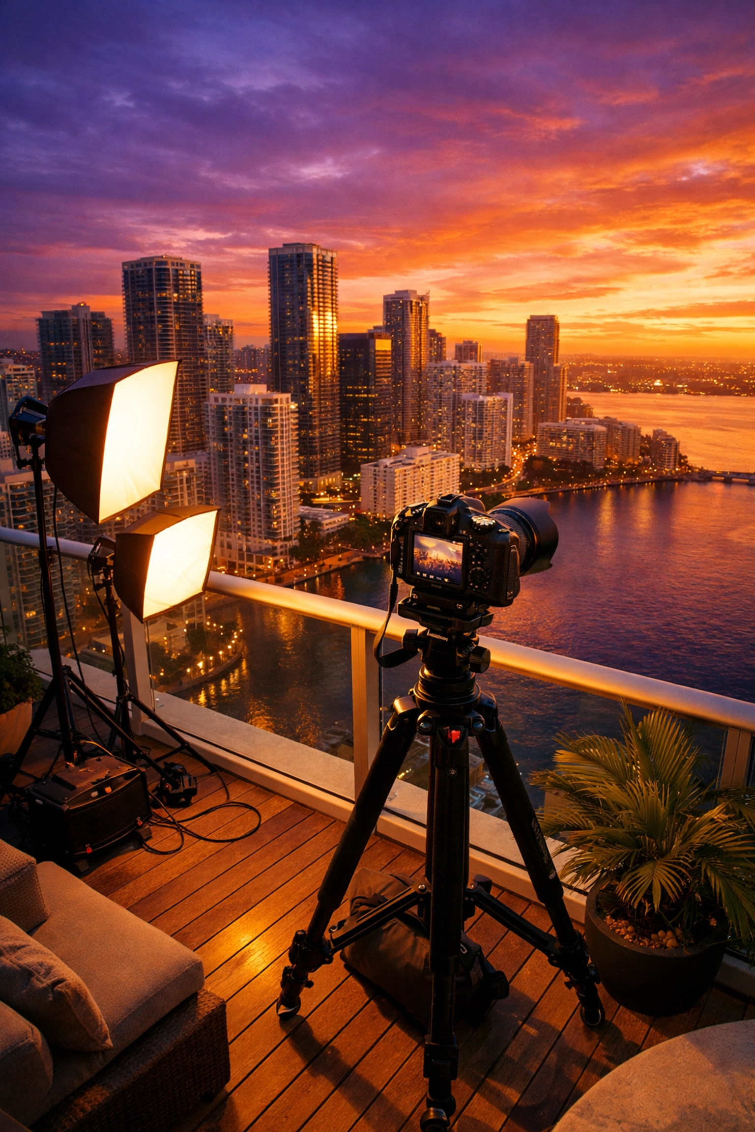 Professional commercial photographer setup on a Brickell penthouse overlooking Miami.