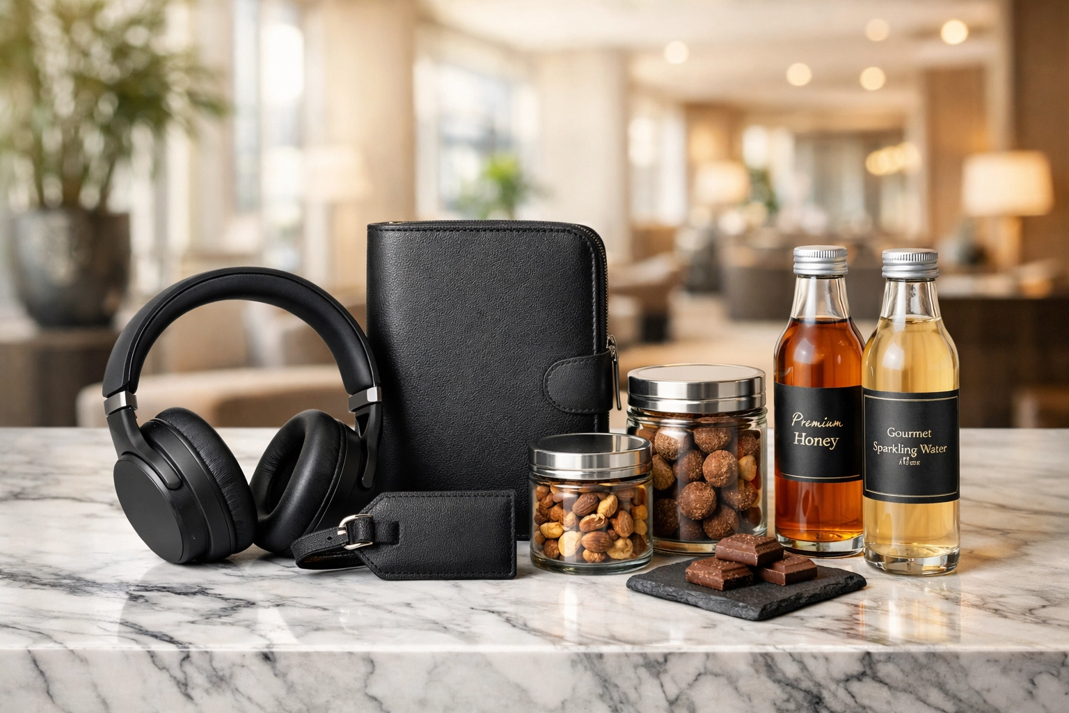 Premium executive hospitality gift set featuring luxury travel accessories and headphones for Super Bowl VIP guests.