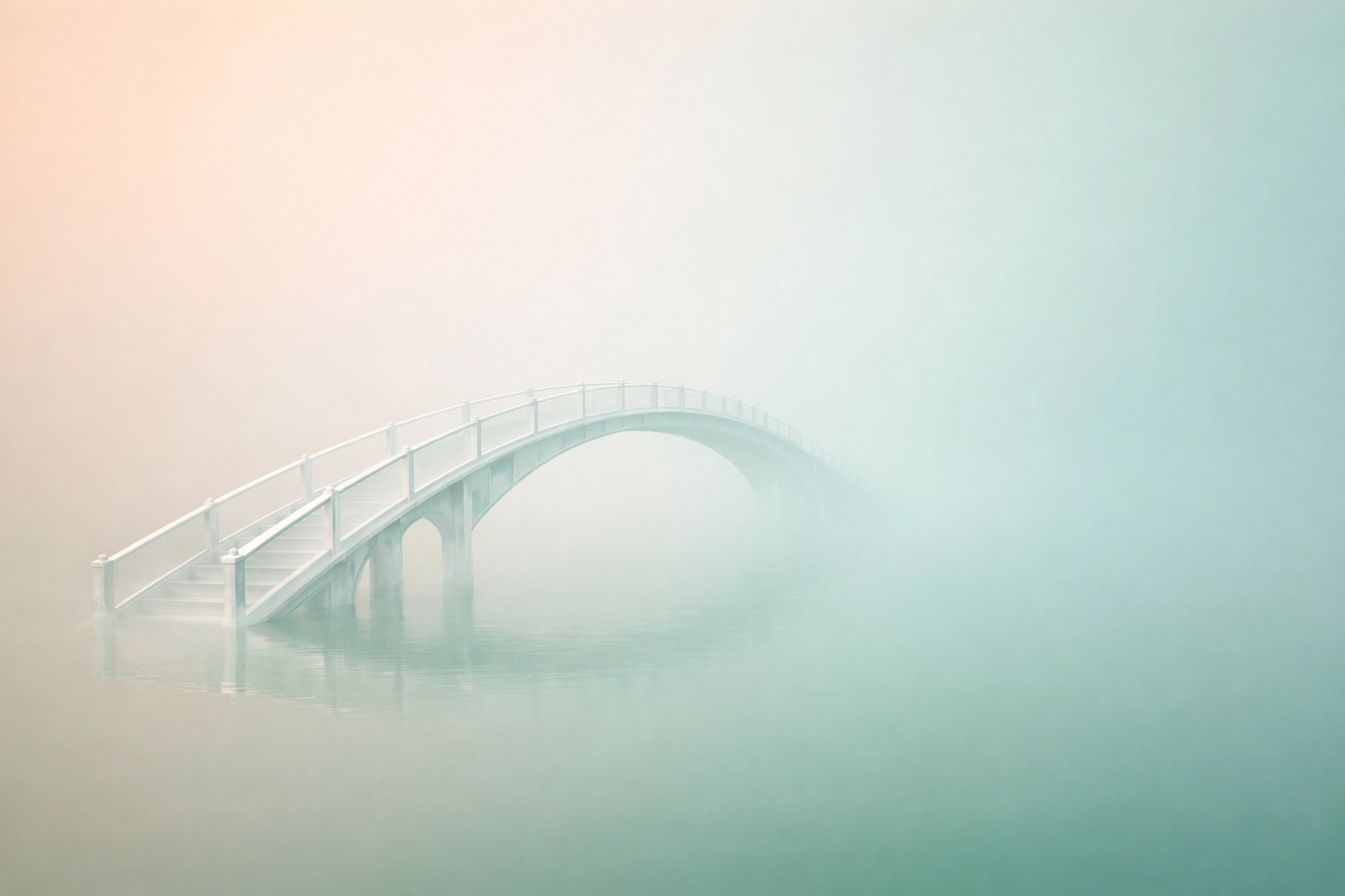 A glass bridge in soft mist representing the transition between old and new professional roles.