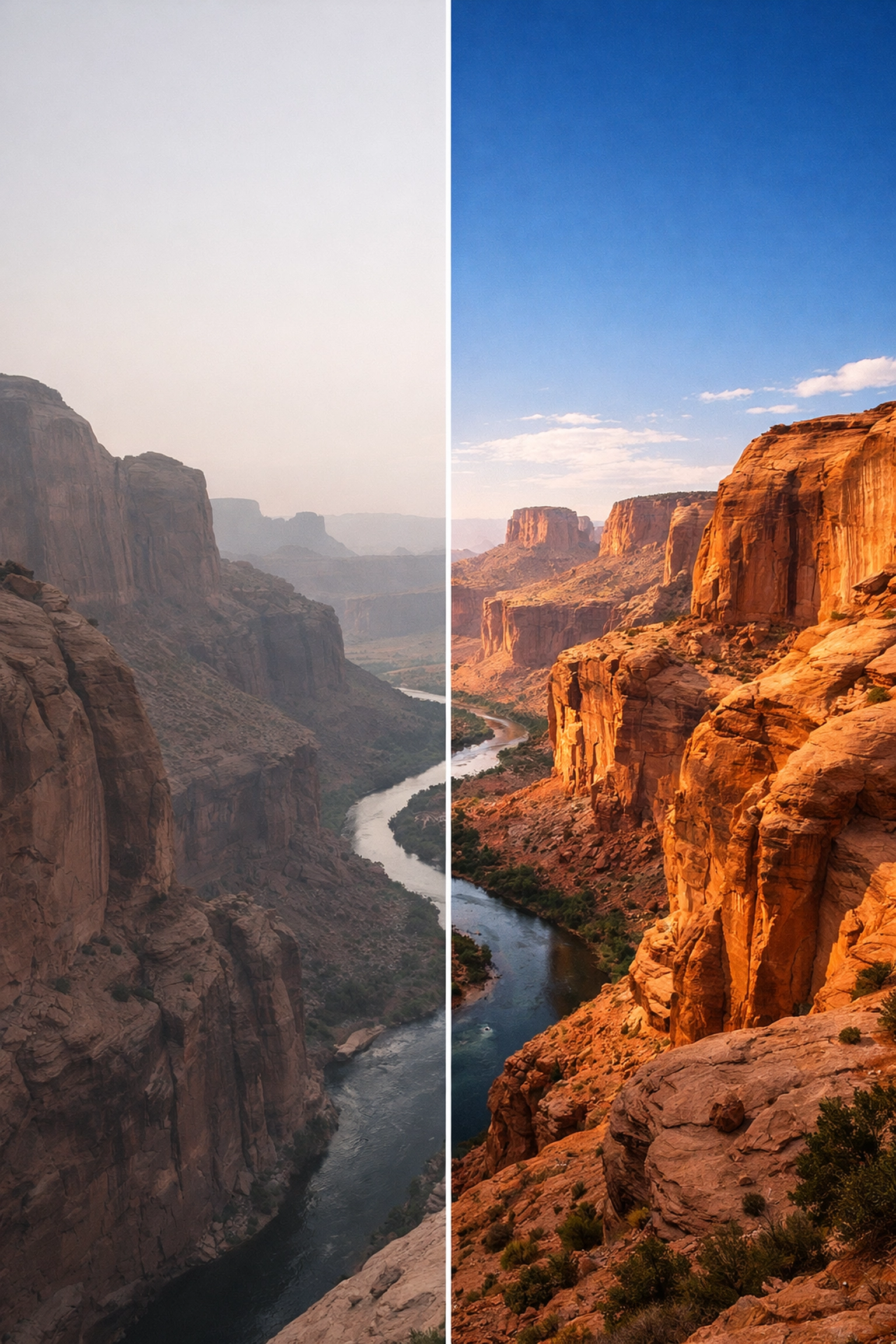 Split-screen view of a RAW photo versus an edited image in professional photography tutorials.