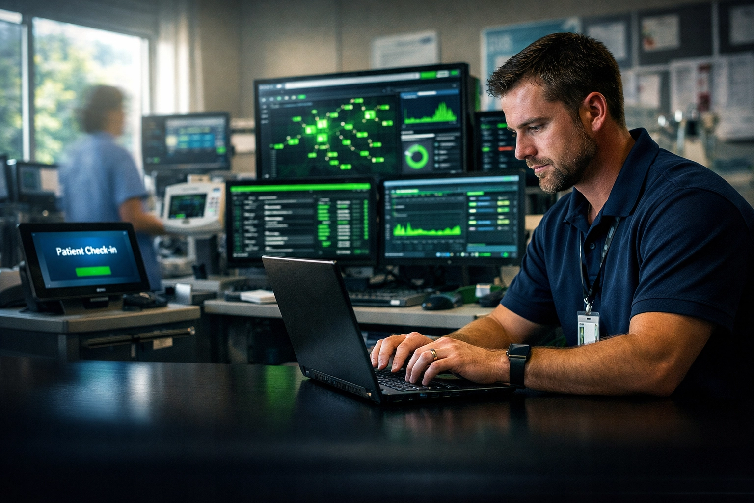IT technician monitoring healthcare systems for Lincoln Nebraska medical clinic