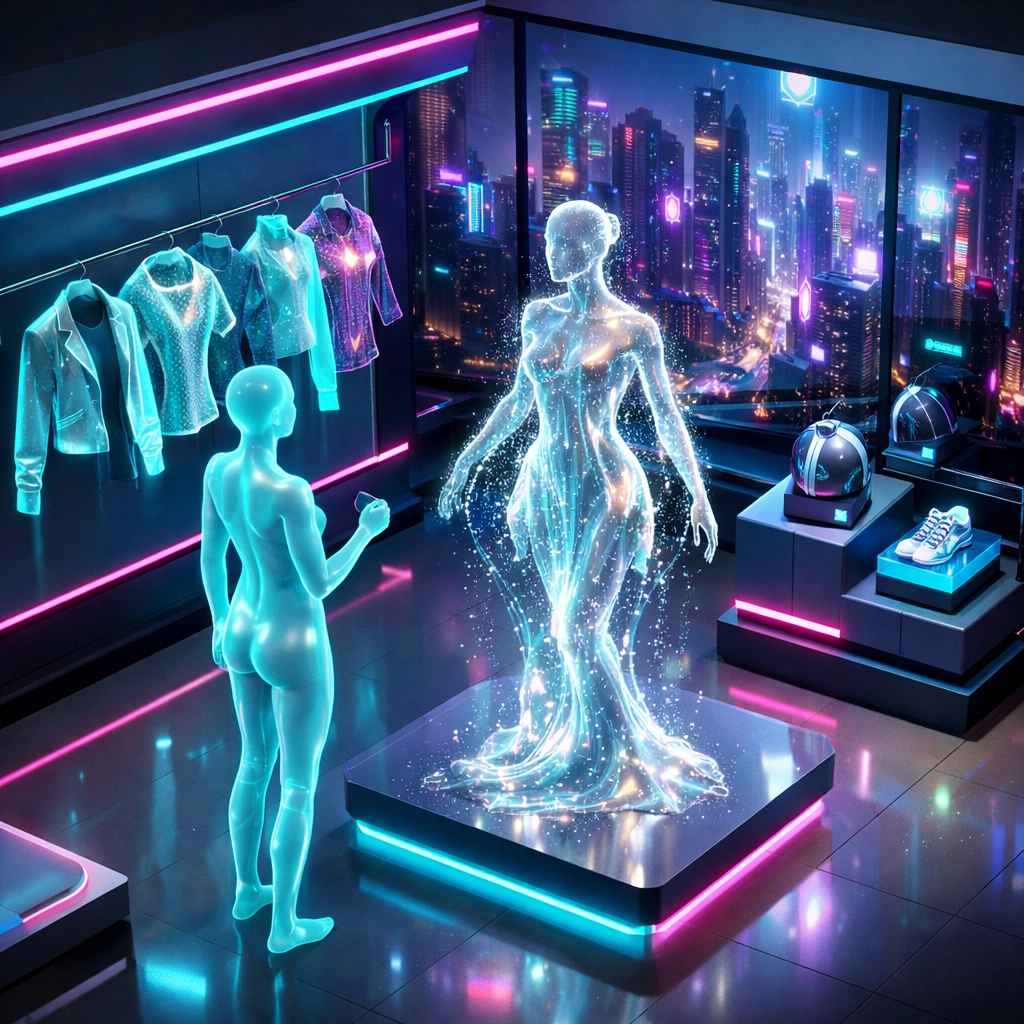 AI-powered Metaverse shopping boutique with digital avatars and holographic clothing for Web3 retail.