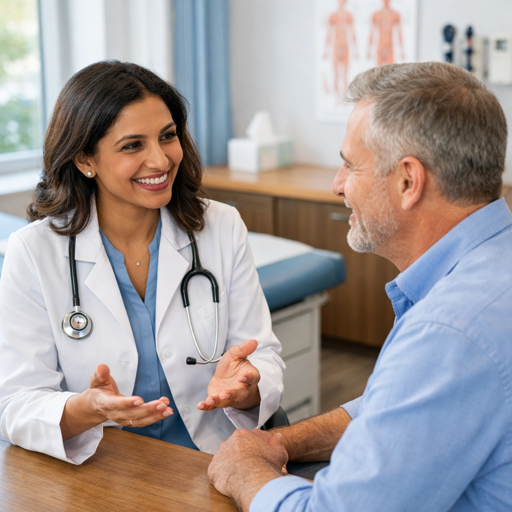 Physician making eye contact with patient during medical visit without computer screen distraction