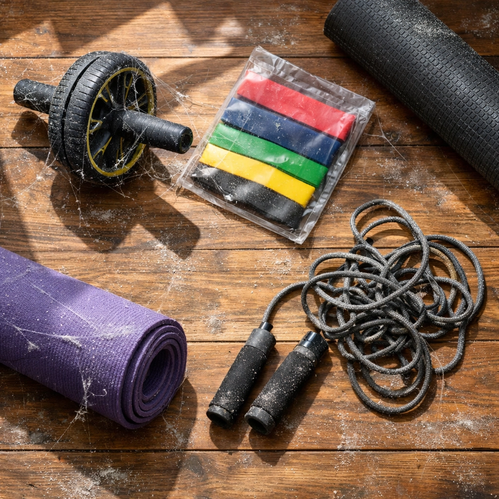 Unused and dusty home gym equipment scattered on floor showing wasted investment