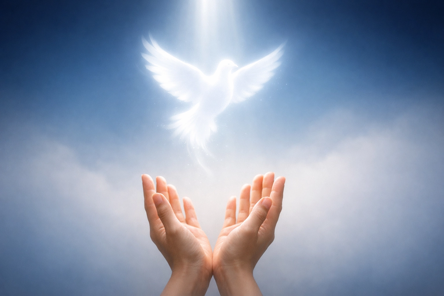A glowing dove representing the Holy Spirit descending to hands seeking divine peace.