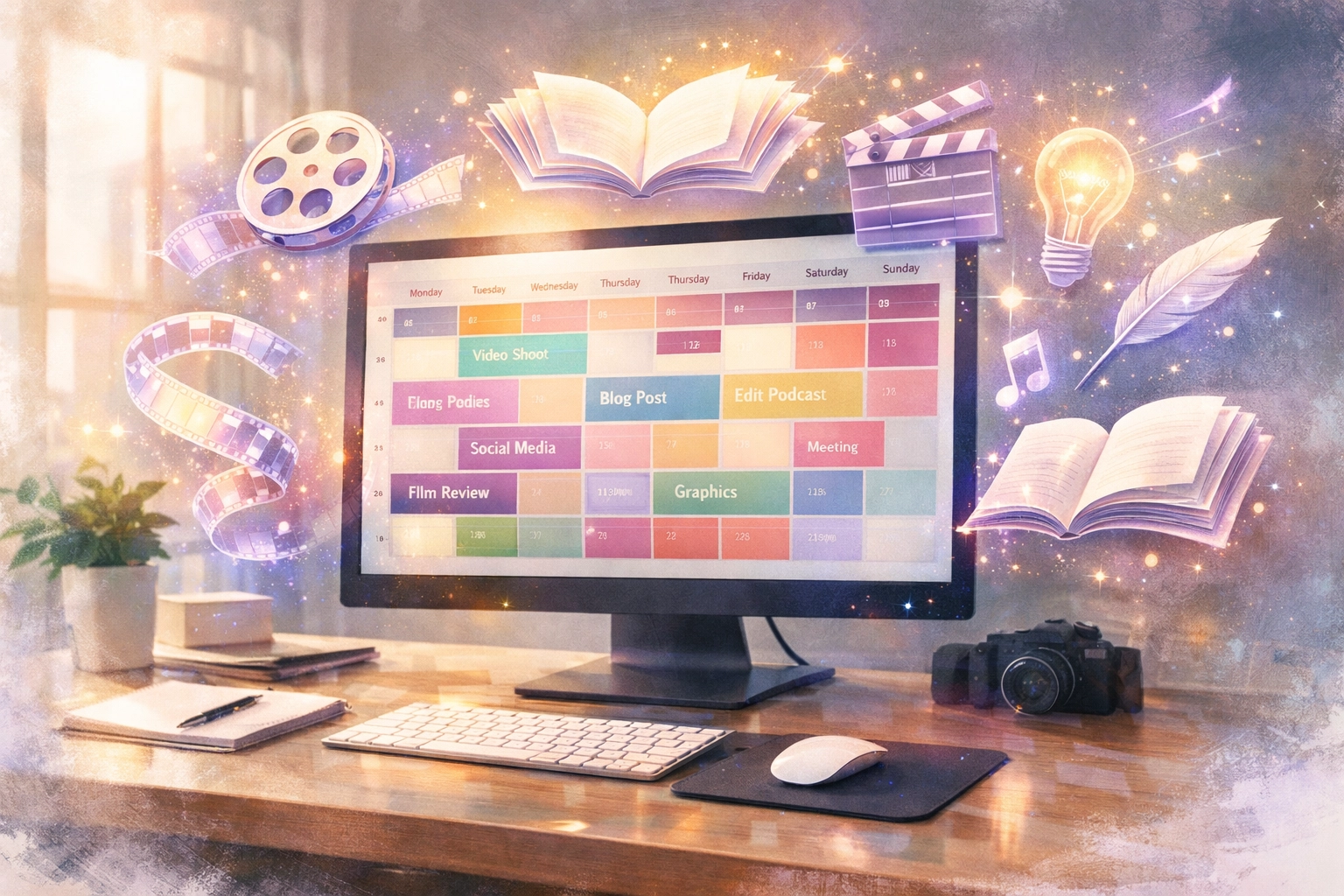 Content calendar on monitor showing organized Christian blog post schedule