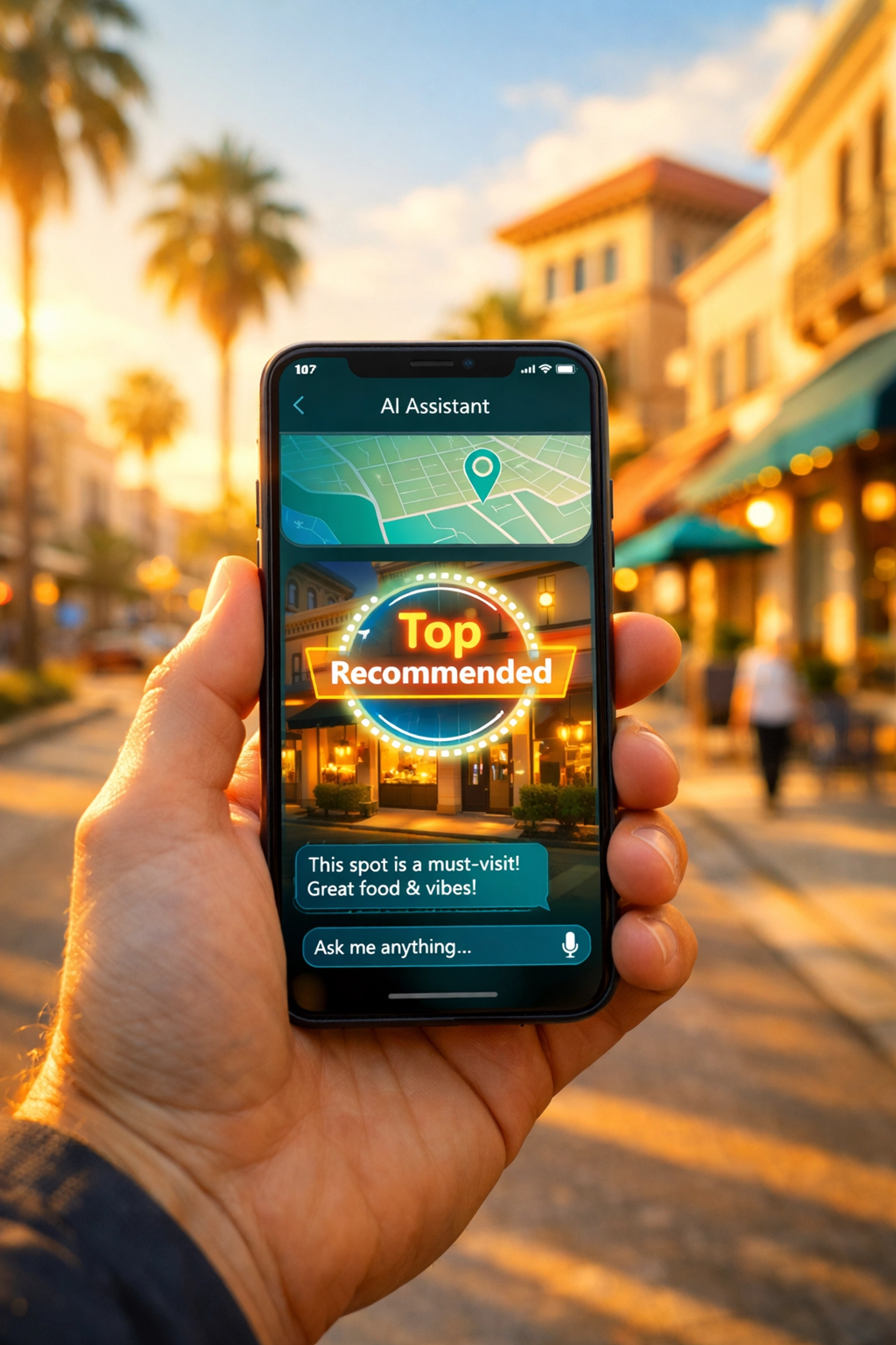 AI assistant on a smartphone recommending a Sarasota local business on a sunny Florida street.