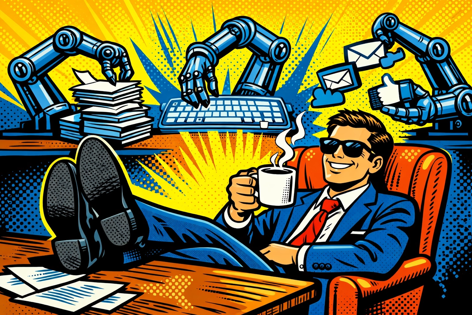 Business owner relaxing while robotic arms handle automated admin tasks and digital filing.
