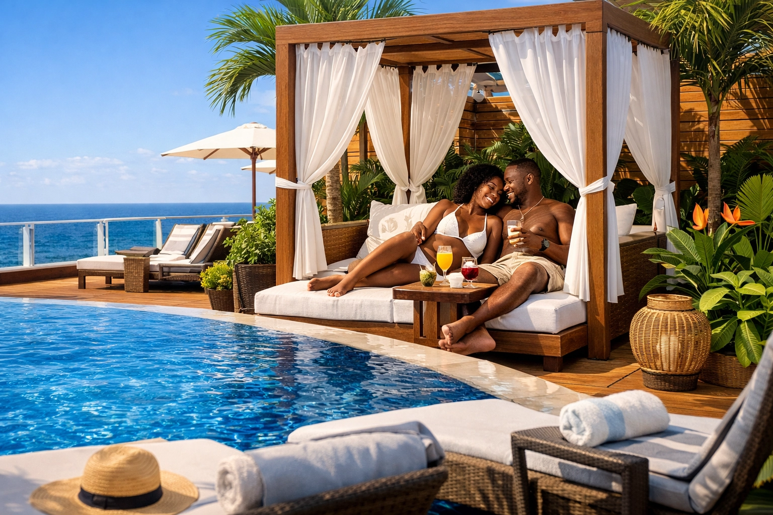 Private cabana relaxation on a luxury ship arranged by a professional Adults Only travel agent.